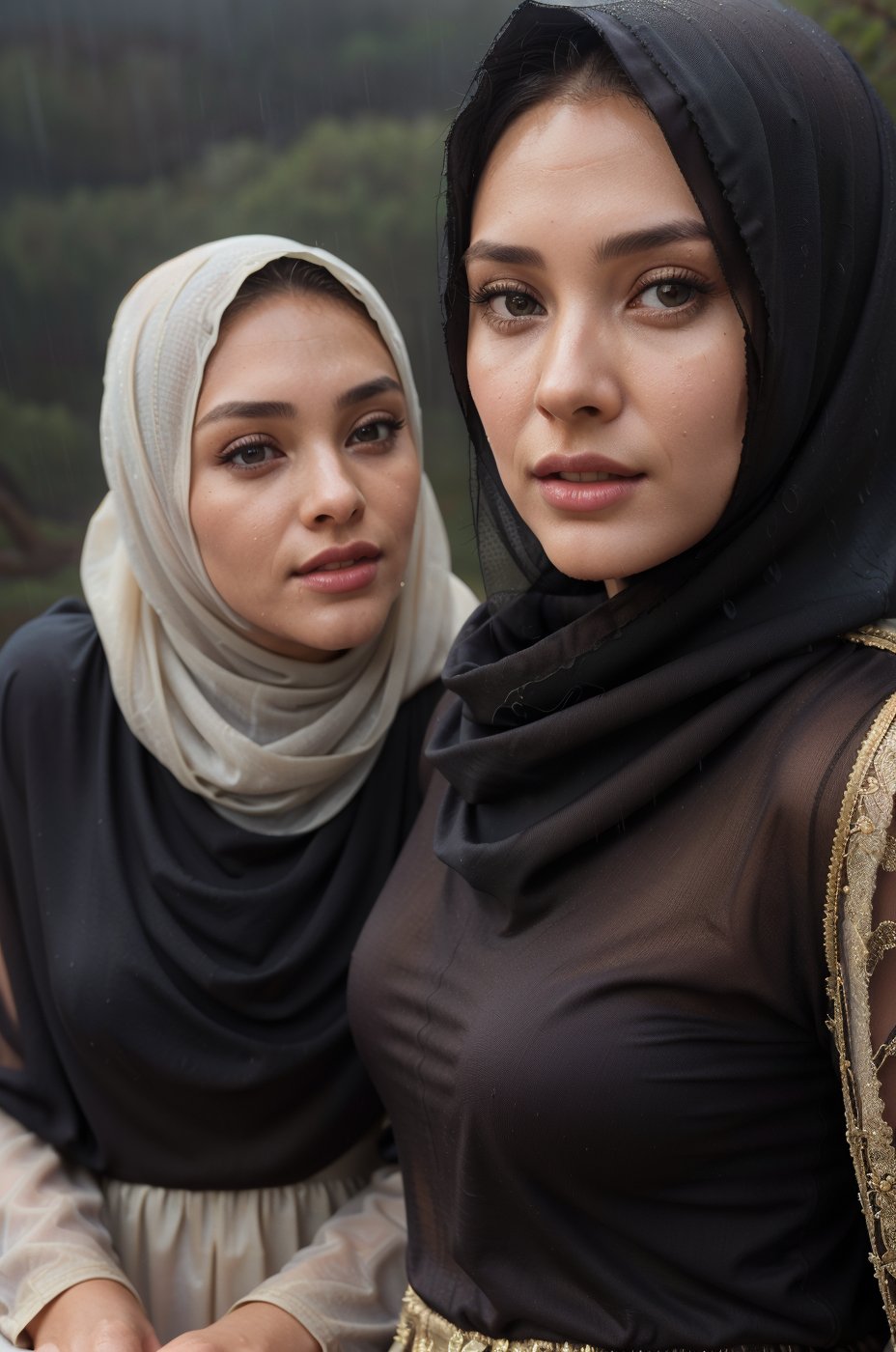 girl in full hijab, (masterpiece, best quality, high resolution, realistic, intricate detail:1.2), (detail light:1.2), edge lighting, close-up portrait, shot on sony a7000, (seductive style, pin-up, sexy, elegant: 1.2 ), (calm colors: 1.2), 1 woman, 30 years old, perfect body posture, wearing hijab, wet clothes, shiny skin, (ong dress with long sleeves: 1.2), (random long dress color), sitting on a wooden bench, (arms behind the back:1.2), (rainy, dewy, foggy:1.2), (wilderness background:1.4) <lora:edgOrgasm_v2:0.8> edgOrgasm,face focus,, woman with edgOrgasm_face