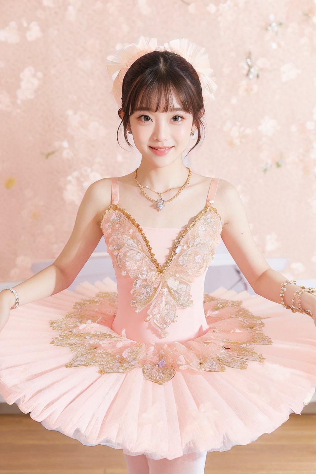HDR,UHD,8K,best quality,masterpiece,Highly detailed,Studio lighting,ultra-fine painting,sharp focus,physically-based rendering,extreme detail description,Professional,masterpiece, best quality,delicate, beautiful,(1girl),(pink Ballet_tutu:1.5),(jewelry:1.5),lace,(looking_at_viewer:1.2), realistic,(blunt bangs:1.2),(hair bun),(standing:1),(hair ornament:1.2), (jewelry necklace:1),dance classroom background,(Half-length photo:1),(smile:1),(white lace stockings:1),
