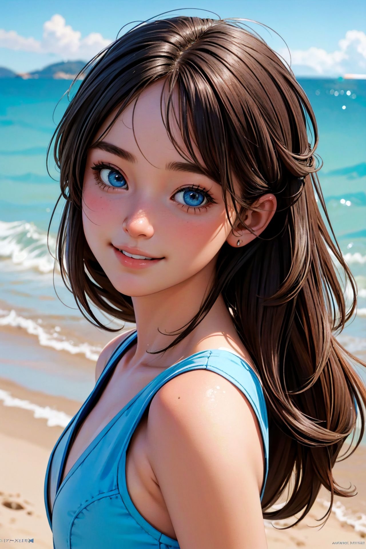 portrait of a happy girl at the beach, photo, realistic, smooth face, perfect eyes, wide angle, sharp focus, 8 k high definition, insanely detailed, intricate, oliver wetter, beautiful, hd, dream, ultra wide angle, hyperrealism, hyper detailed