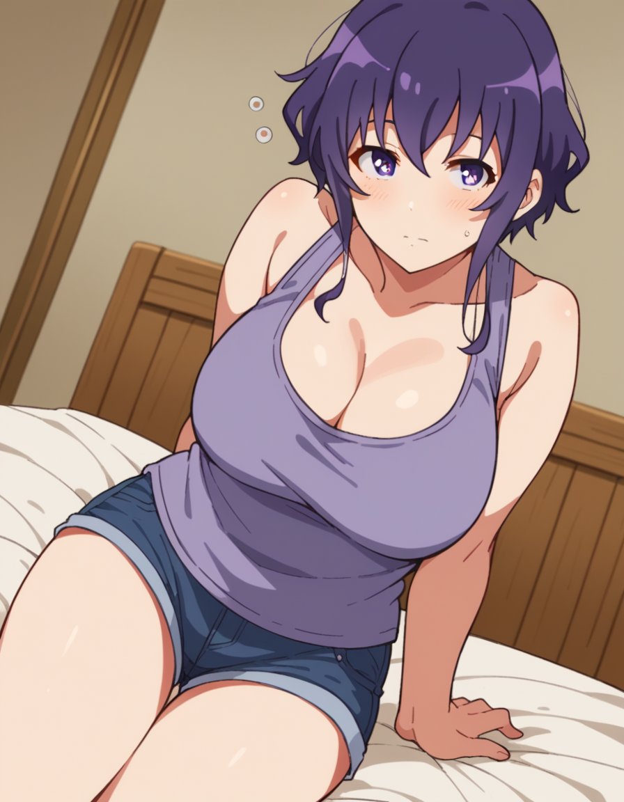 score_9, score_8_up, score_7_up, source_anime, <lora:michiru-hyoudou-s2-ponyxl-lora-nochekaiser:1>, michiru hyoudou, short hair, bangs, purple eyes, purple hair, large breasts,, shorts, short shorts, tank top, denim, denim shorts, cleavage, bare shoulders, collarbone,, indoors, bed, bed room, on side, blush, drunk, looking at viewer, solo,, cowboy shot, dutch angle