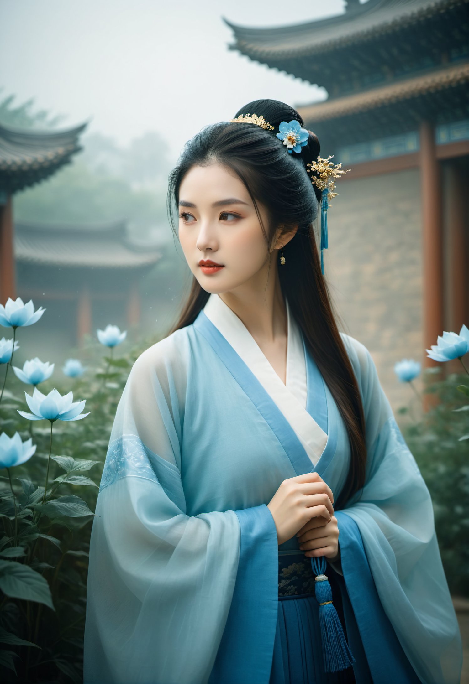 (blue:1.3)In the courtyard of ancient Chinese architecture, holding a paper,(She engages in poetry exchanges in a study or a garden, with settings like a study, garden, calligraphy, painting, flowers, and birds.)She is a female poet, dressed in traditional scholar's garments, predominantly in blue, symbolizing her elegance and literary talent.She has a playful nose and lively eyebrows, allowing makeup to emphasize these features, with blue as the primary color, symbolizing her elegance and literary talent.Her style is elegant and literary, so her artistic style can be simple, refined, with a fresh and light blue color palette.(1girl:1.3), adult, Guofeng, Hanfu, mist, looking at viewer,long hair blown by the wind,  dusk, masterpiece,analog film photo ethereal fantasy concept art of masterpiece, dynamic perspective, intricate details, wide angle, motion blur.  long hair.