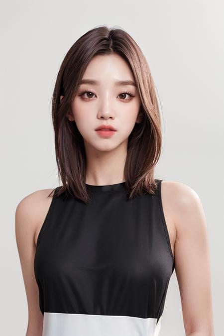 (masterpiece,best quality,realistic:1.3),1girl,solo,upper_body,sleeveless_shirt,bare_shoulders,(long_hair:1.2),(white_background,simple_background:1.3), (ulzzang-6500-v1.1:0.3), yuqi,<lora:yuqi_nv:0.7>