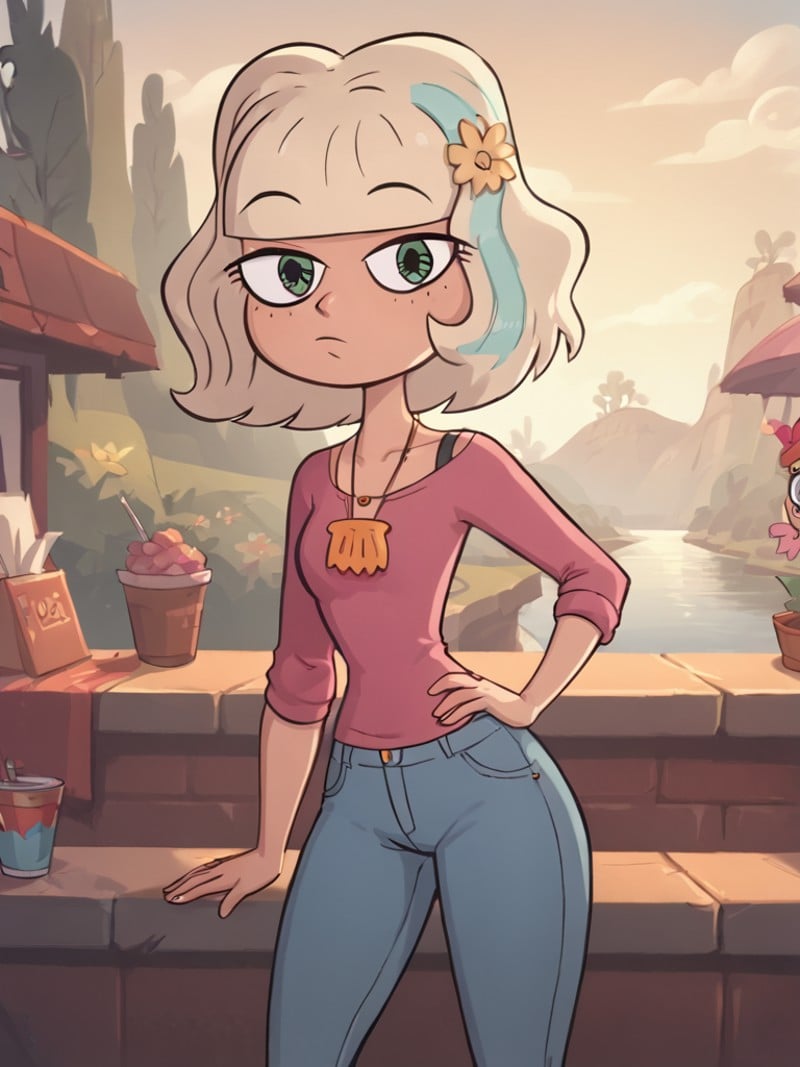 <lora:JackieLPony1.0:0.9> JackieL, pants, 1girl, pink shirt, jeans, boots, blonde hair, shell necklace, hand on hip, short hair, hair ornament, flower, multicolored hair, green eyes,standing,cowboy shot,looking at viewer,<lora:Smooth Anime Style LoRA XL:1> toon \(style\),, score_9, score_8_up, score_7_up, score_6_up