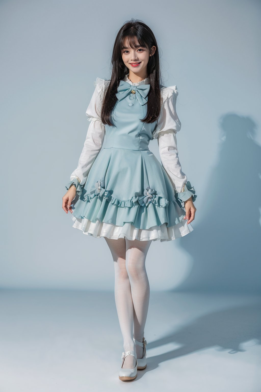 best quality, masterpiece, photorealistic, 1girl, solo, long straight black hair, blunt bangs, looking at viewer, smile, full body, standing, cyb dress, blue dress, long sleeves, puffy long sleeves, bow, (white pantyhose:1.4), mary janes, simple background, <lora:cute_dress_style1_v1:0.7>