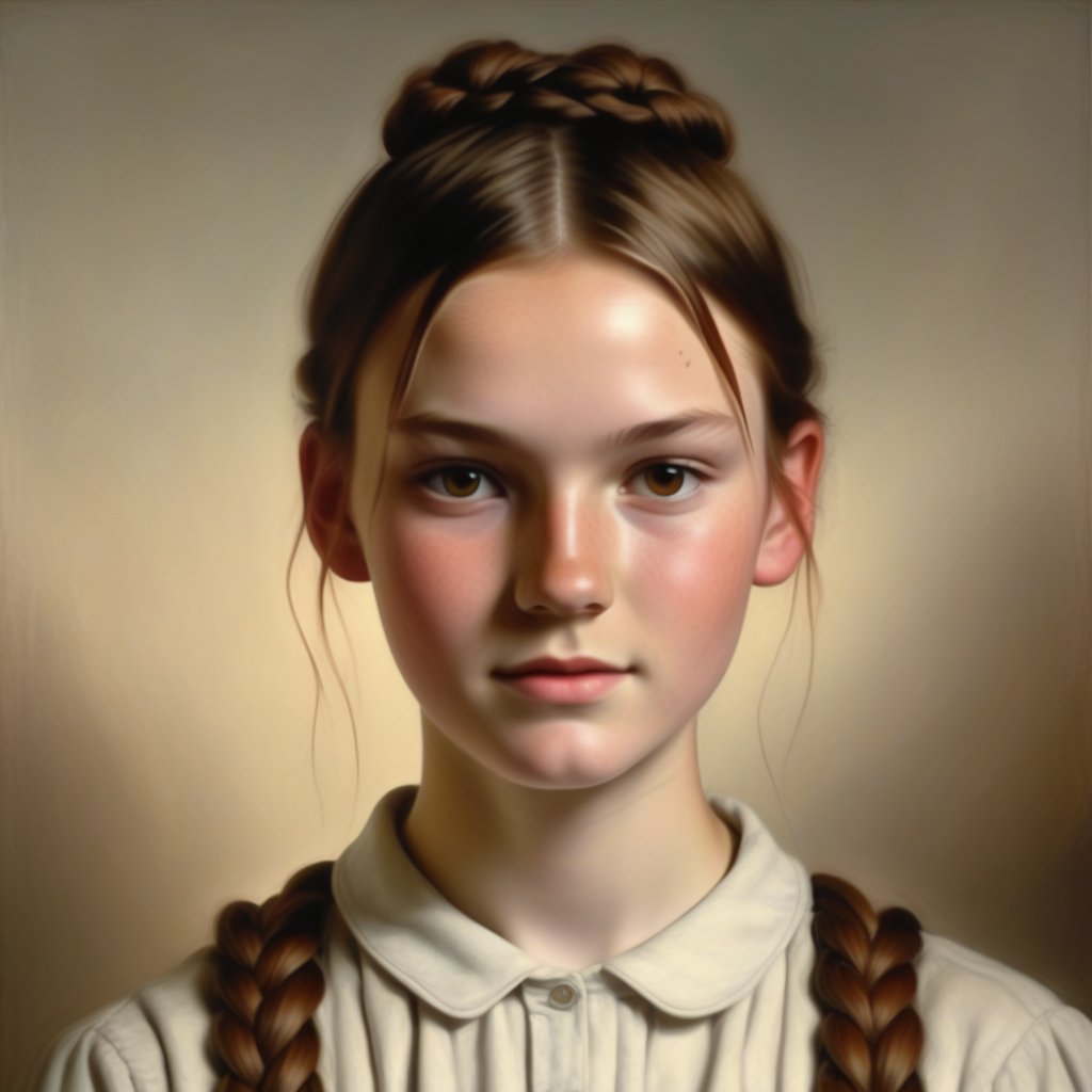 Full-body-length painting of a Young Girl: A slender, 18-year-old girl with dark russet hair tied in double plaits and light brown eyes gazes directly at the camera, exuding confidence.