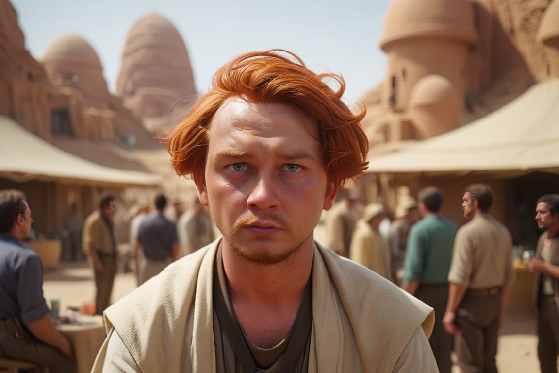 cinematic color grading lighting vintage realistic film grain scratches celluloid analog cool shadows warm highlights soft focus actor directed cinematography technicolor, A fluffy red haired man on vacation enjoying the local party scene  at noon in Mos Eisley on the planet Tatooine in Star Wars, a look of shock ,cip4rf,man,action shot<lora:EMS-291872-EMS:0.800000>