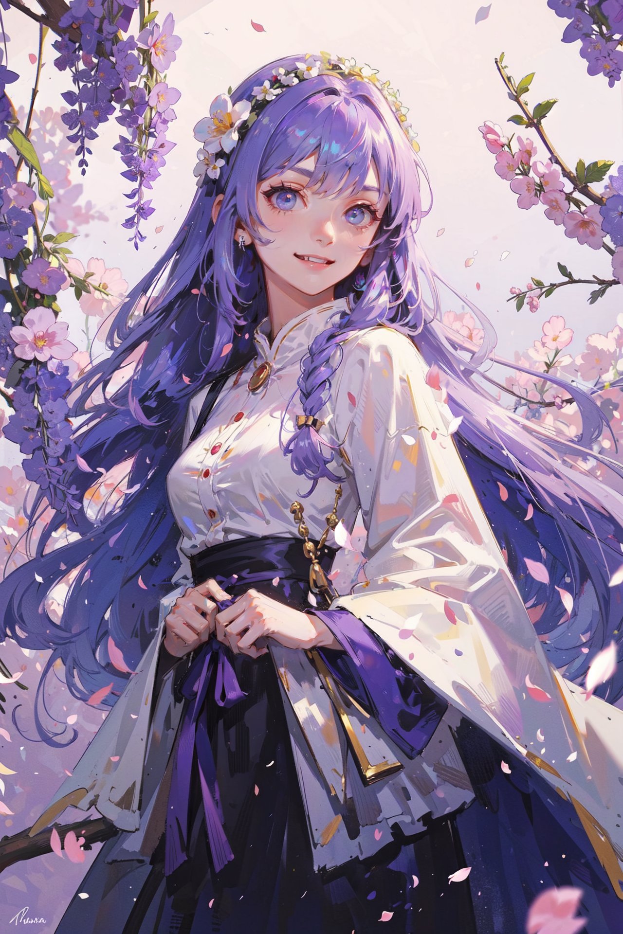 ((best quality, masterpiece, absurbres, super-resolution)), Sakura blossom, wisteria, (temple), various flowers background,