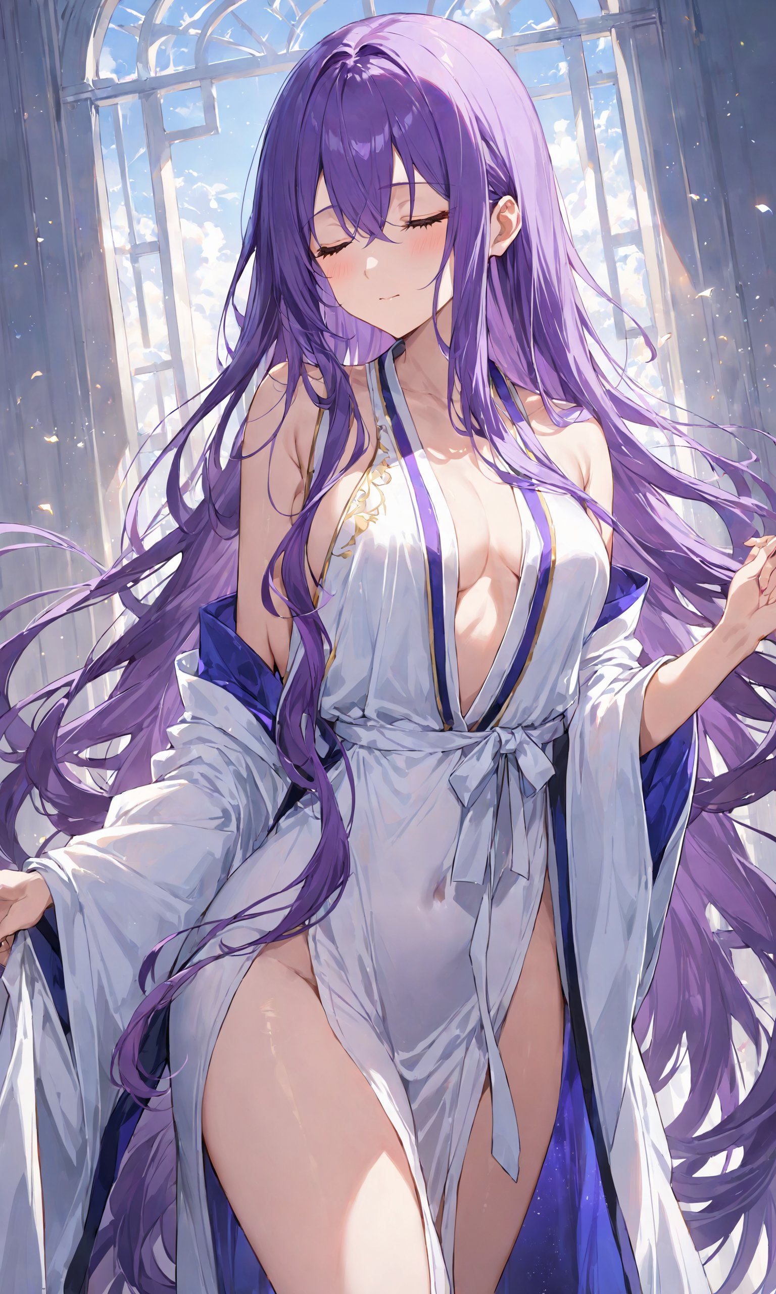 1girl, solo, long hair, hair between eyes, very long hair, closed mouth, standing, closed eyes, purple hair, ahoge, colored skin, robe, white robe, masterpiece, best quality, score_9, score_8_up, score_7_up, ultra-detailed,