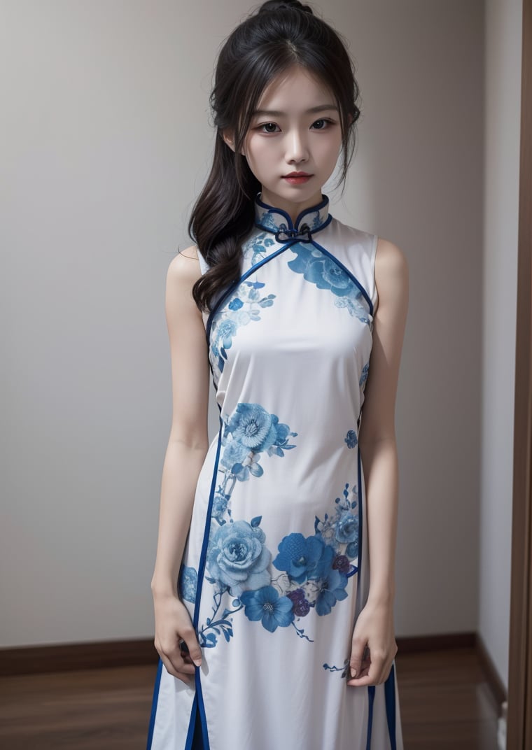 (masterpiece, best quality:1.4),finely detailed,1girl,solo,standing,<lora:killer body shape v1.0:-1>,china_dress,blue cheongsam,(arms behind back),