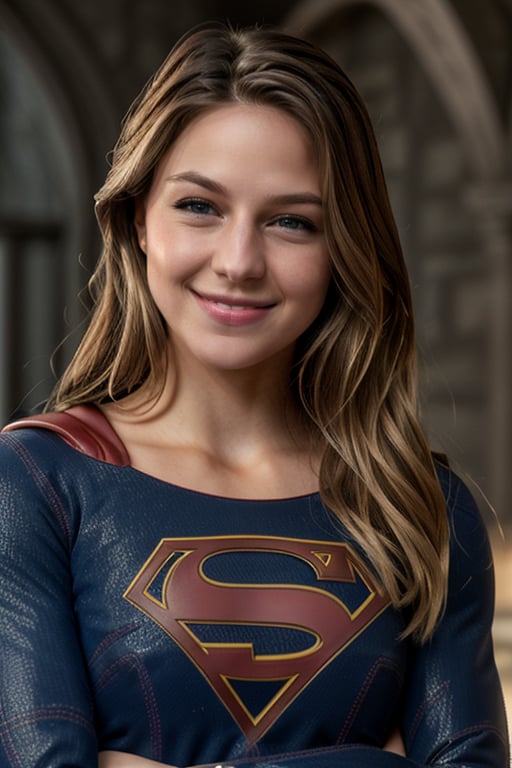 real, atmospheric scene, masterpiece, best quality, (detailed face, detail skin texture, ultra-detailed body),(cinematic light),<lora:Supergirl_MelissaBenoist_smf_lora_v04-000005:0.9>, 1girl, s0p3r6m3l1s4-smf, solo, realistic, blonde hair, blue eyes, long hair, superhero, lips, upper body, smile, closed mouth, bodysuit, teeth, grin