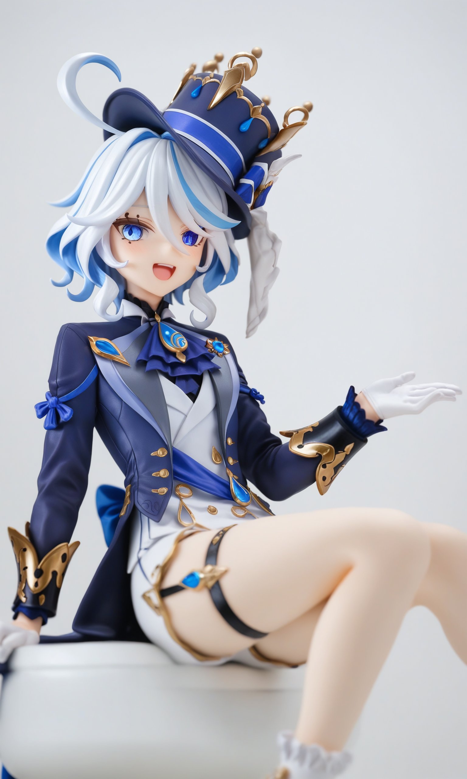 figure,masterpiece,best quality,<lora:furina:1>,1girl,furina \(genshin impact\),genshin impact,cowlick,top hat,blue jacket,blue ascot,blue brooch,kodona,simple background,open mouth,blue headwear,streaked hair,upper teeth only,solo,long hair,light blue hair,white background,smile,white hair,ahoge,mismatched gloves,white gloves,long sleeves,hair between eyes,blue gemstone,