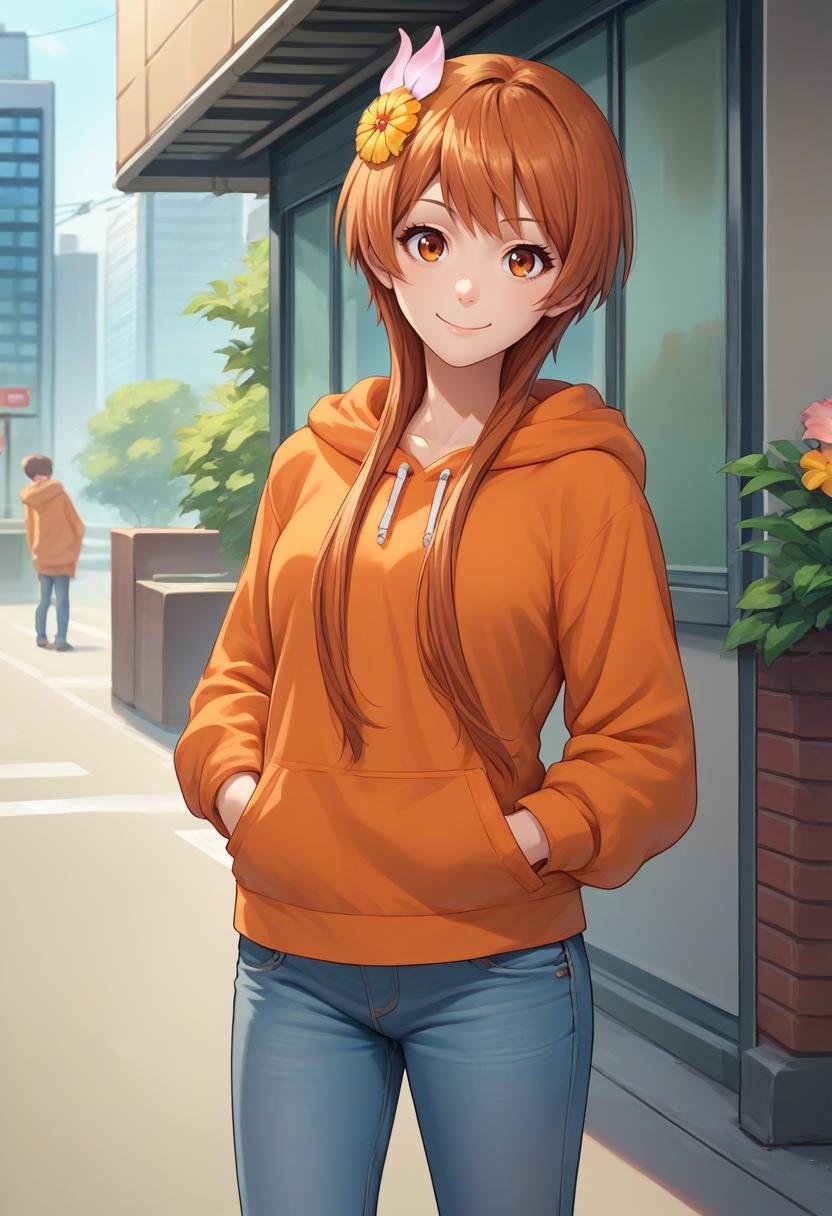 score_9, score_8_up, score_7_up, source_anime, solo, 1girl, tachibana marika, smile, looking at viewer, standing, hands in pockets, short hair with long locks, hair flower, orange hoodie, jeans, outdoors, city street <lora:nisekoi_marikatachibana_ponyXL:1>