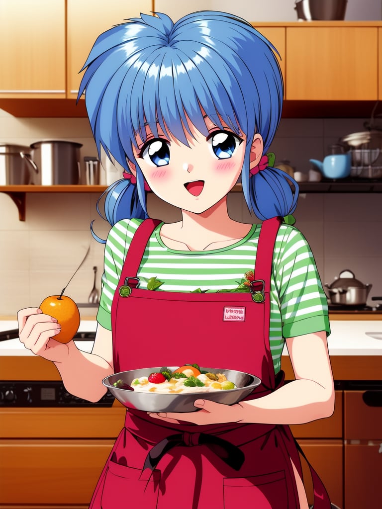 <lora:Nijino_Saki:0.8> NijinoSaki, 1girl, solo, food, fruit, striped shirt, strawberry, striped, holding, shirt, apron, open mouth, twintails, holding food, looking at viewer, smile, short twintails, short sleeves, holding fruit, indoors, yellow shirt, copyright name, green apron, retro artstyle, kitchen, blush, bangs,on, large_filesize, full color, 