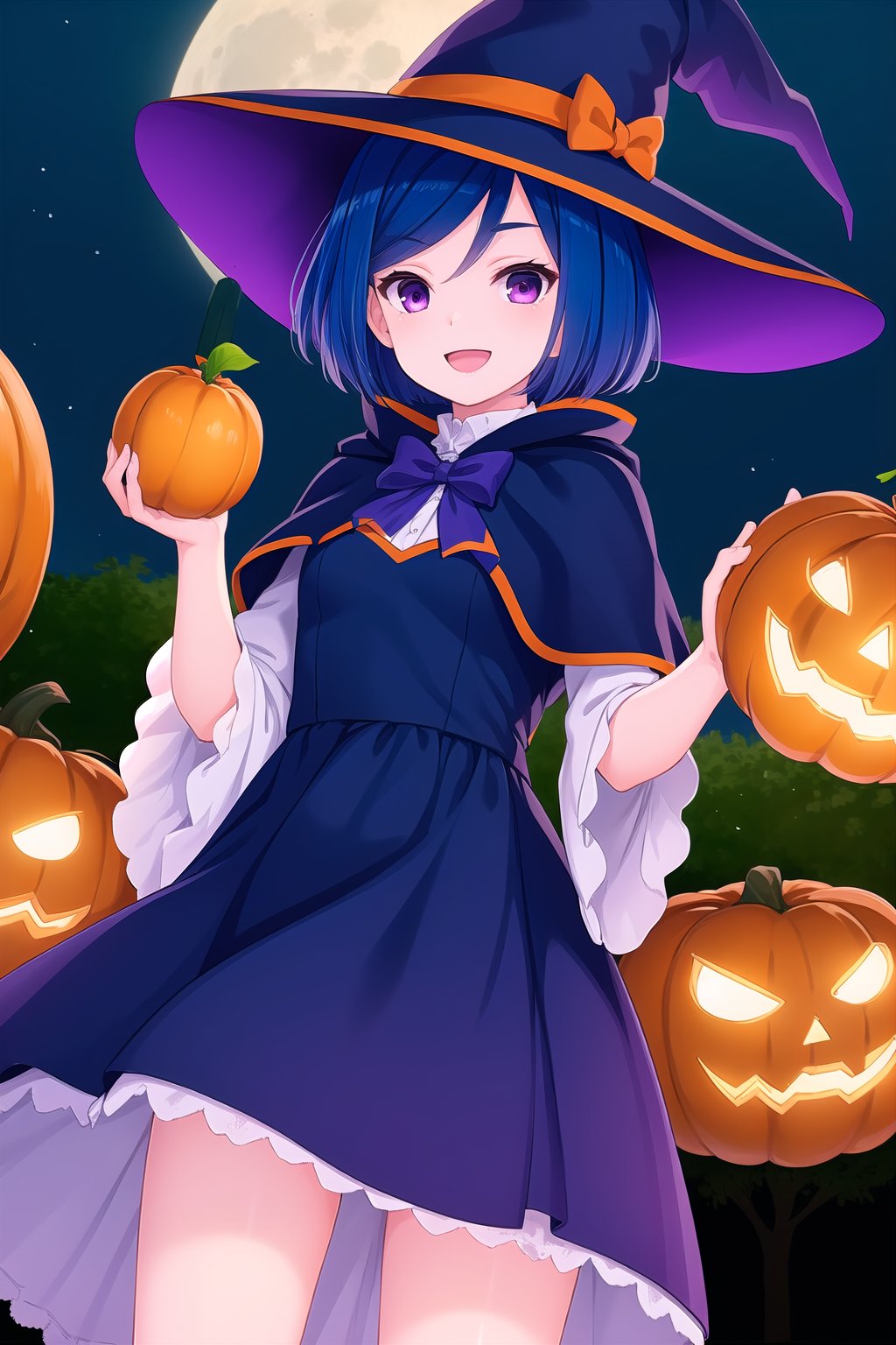 (masterpiece, best quality), highly detailed background, perfect lightingbest quality, akasegawamaki, solo, outdoors, full moon, halloween, witch, witch hat, black headwear, blue hair, swept bangs, bob cut, short hair, purple eyes, small breasts, blue capelet, blue dress, orange bowtie, long sleeves, wide sleeves, halloween costume, smile, open mouth, :d, pink lips, <lora:Akasegawa-Maki-2-10:0.7>