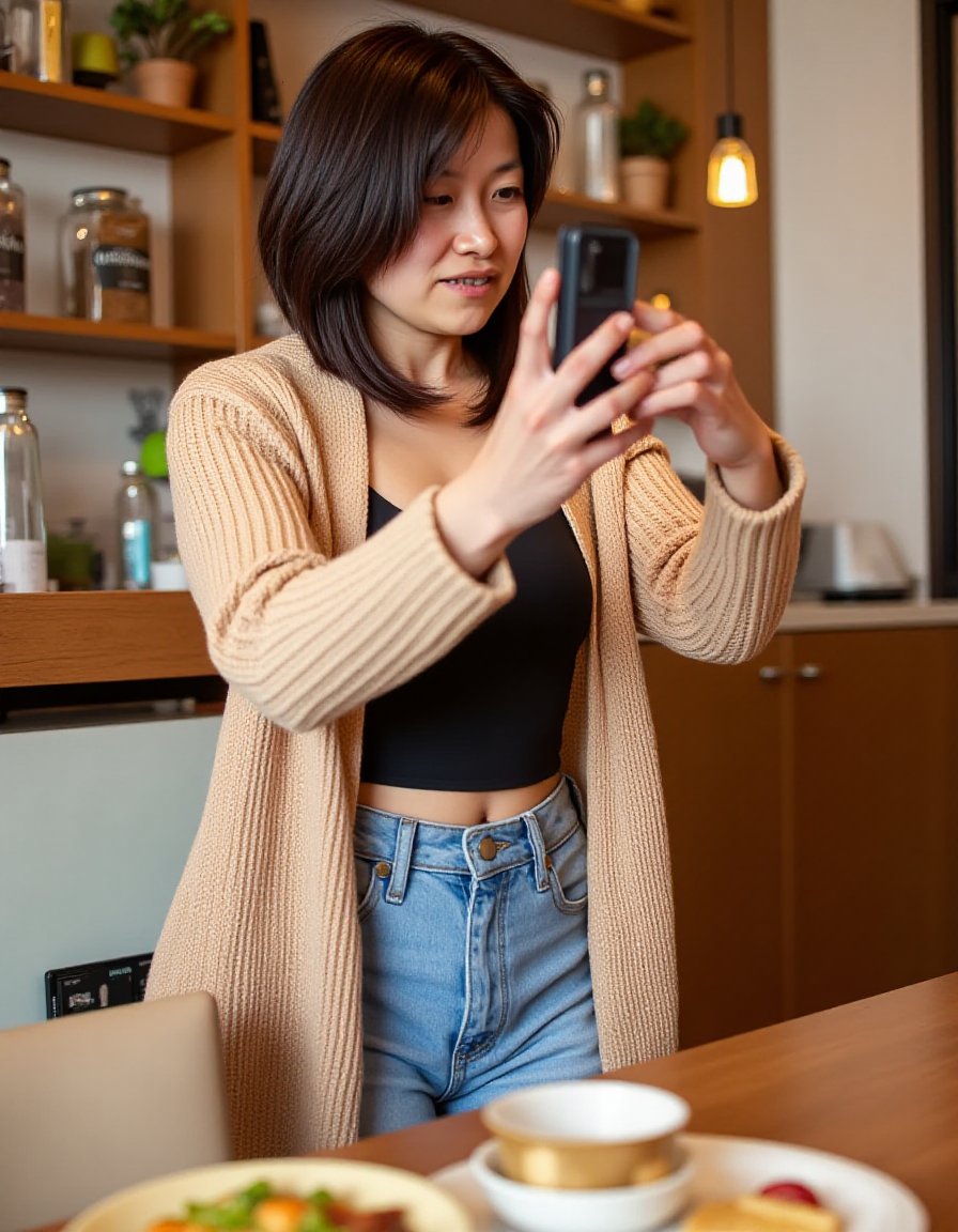 Photorealistic image of a woman,"Casual fall day outfit with a knit cardigan and mom jeans.""Create a charming image of a woman taking pictures of her food and the cafe interior, capturing the ambiance and delicious food. Frame the shot from a slightly elevated angle, capturing her from the waist up, with the cafe and food in focus. She can have a creative expression or a playful one, wearing a casual outfit that suits the cafe atmosphere. The background can be a beautifully decorated cafe with interesting food and drinks, with the sound of people talking and music playing."<lora:ShihoActualJapaneseFlux25K003ov2:1> shiho, (best quality), (masterpiece), 16k, 8K, ultra detailed, detailed skin, detailed face, masterpiece, best quality, ultra-detailed, intricate details, high resolution, 8k, sharp focus, vivid colors, high contrast, cinematic lighting, [:(smile for camera):0.3]