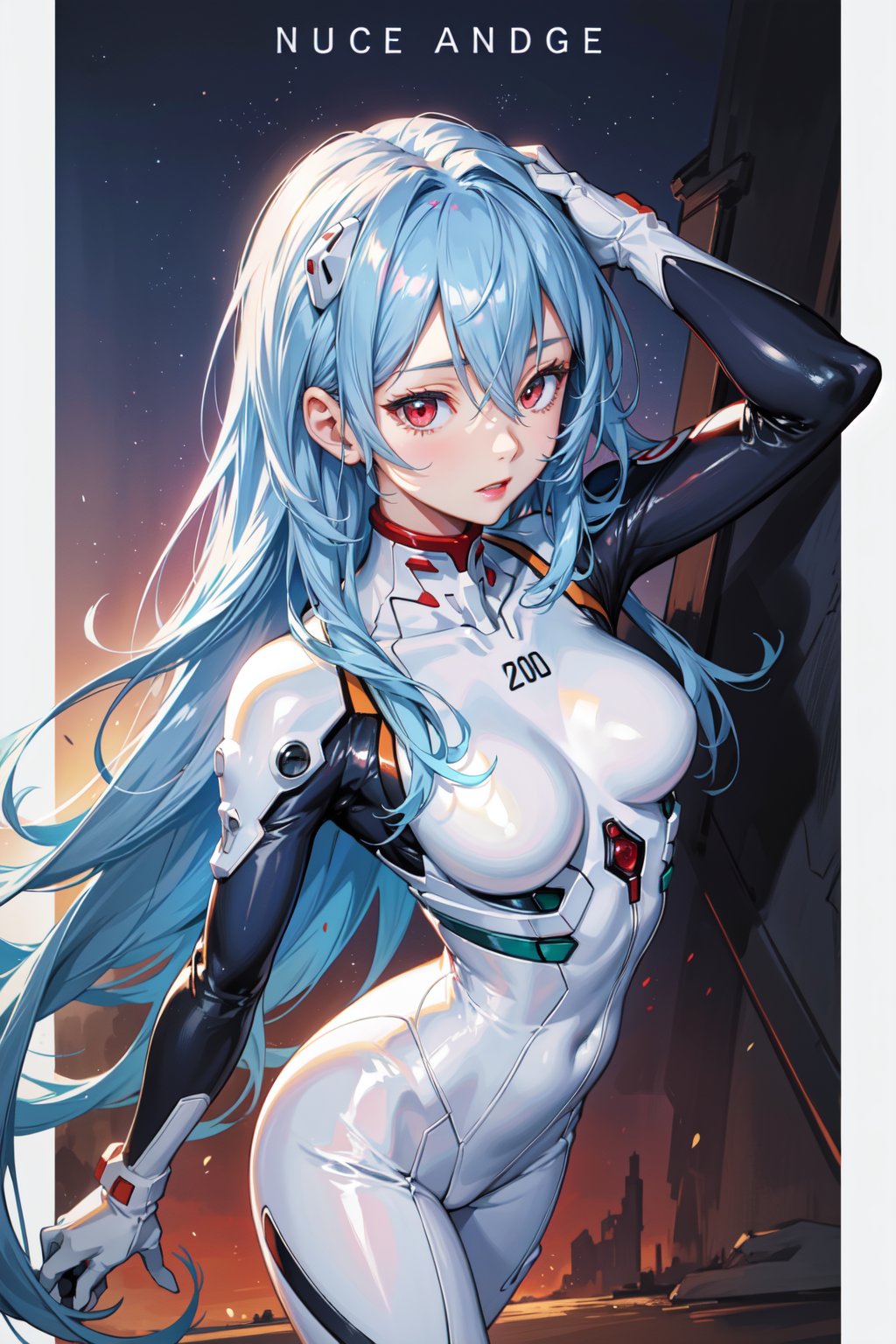 <lora:Rei-000011:0.6>,Rei CYQL,1girl,looking at viewer,solo,blue hair,red eyes,hair between eyes,medium breasts,(Rei 00,long hair,very long hair,hair between eyes,hair spread out,white bodysuit,plugsuit,interface headset,bodysuit,two-tone sleeves),(shy:1.2),beautiful face,beautiful eyes,glossy skin,shiny skin,(portrait,from_above,stretching:1.2),hand on hip,Castle, Ballroom, Moonlight, Dancing, Opulence,Dahlias, Floral arrangement supplies, Sunset, Creativity, Education,beautiful detailed sky,beautiful detailed glow,(English text:1.3),(border:1.5),posing in front of a colorful and dynamic background,(masterpiece, best quality, beautiful and aesthetic:1.3),contrapposto,female focus,fine fabric emphasis,wallpaper,fashion,Lipstick,depth of field,intricate_detail,finely_detailed,fine_fabric_emphasis,(glossy),<lora:增强减少细节add_detail:0.3>,