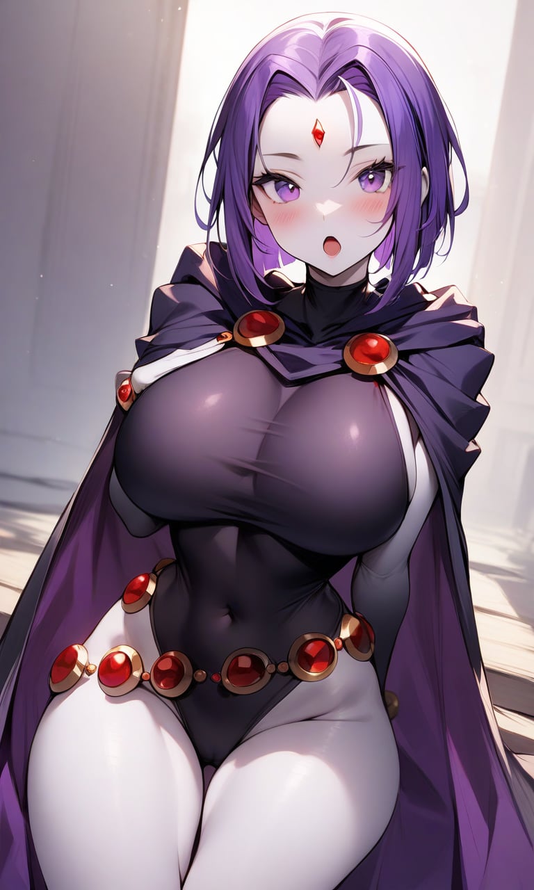 1girl, raven, black cape, black cloak, blush, breasts, cape, cloak, covered navel, forehead jewel, gem, grey skin, hair intakes, large breasts, looking at viewer, open mouth, purple cape, purple eyes, purple hair, short hair, solo, thighs,masterpiece, absurdres,<lora:Raven_XL:1> 