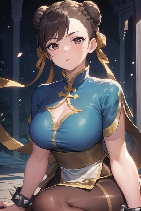 chunli, <lora:chun li v2-lora-nochekaiser:1>,chun li, (brown eyes:1.7), brown hair, (bun cover:1.5), double bun, eyeliner, hair bun, lipstick, makeup, pink lips,BREAK blue dress, boots, bracelet, brown pantyhose, china dress, chinese clothes, cross-laced footwear, dress, gold trim, jewelry, pantyhose, pelvic curtain, puffy sleeves, sash, short sleeves, side slit, spiked bracelet, spikes, white footwear,BREAK outdoors,BREAK looking at viewer, full body,BREAK <lyco:GoodHands-beta2:1>, (masterpiece:1.2), best quality, high resolution, unity 8k wallpaper, (illustration:0.8), (beautiful detailed eyes:1.6), extremely detailed face, perfect lighting, extremely detailed CG, (perfect hands, perfect anatomy),