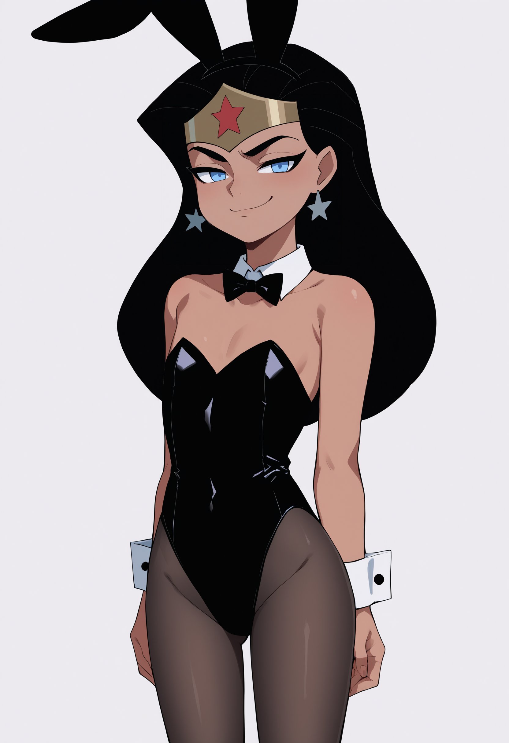 score_9, score_8_up, score_7_up, score_6_up, score_5_up, score_4_up, BREAK, source_anime,1girl, wonderwoman wearing a playboy bunny outfit, black hair, long hair, blue eyes, dark skin, earrings, flat chest,strapless black leotard, pantyhose, smug,standing, looking at viewer, solo, simple background, white background   <lora:WonderWomanKidsXL:1>