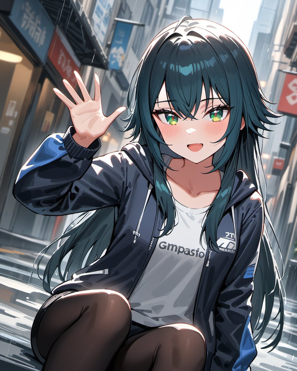 (impasto),best quality,masterpiece,highres,<lora:gakuenidolmaster1-A3:0.5>,temari tsukimura,temari four,1girl,green eyes,long hair,shoes,sneakers,hoodie,open clothes,white shirt,black hair,open jacket,black shorts,black pantyhose,clothes writing,outdoor,city,rainning,waving,:d,upper body,looking at viewer,((blurry foreground,flowers,blue sleeves)),Cinematic Lighting,moody lighting,Volumetric Lighting,cinematic_angle,dynamic_angle,((sitting)),