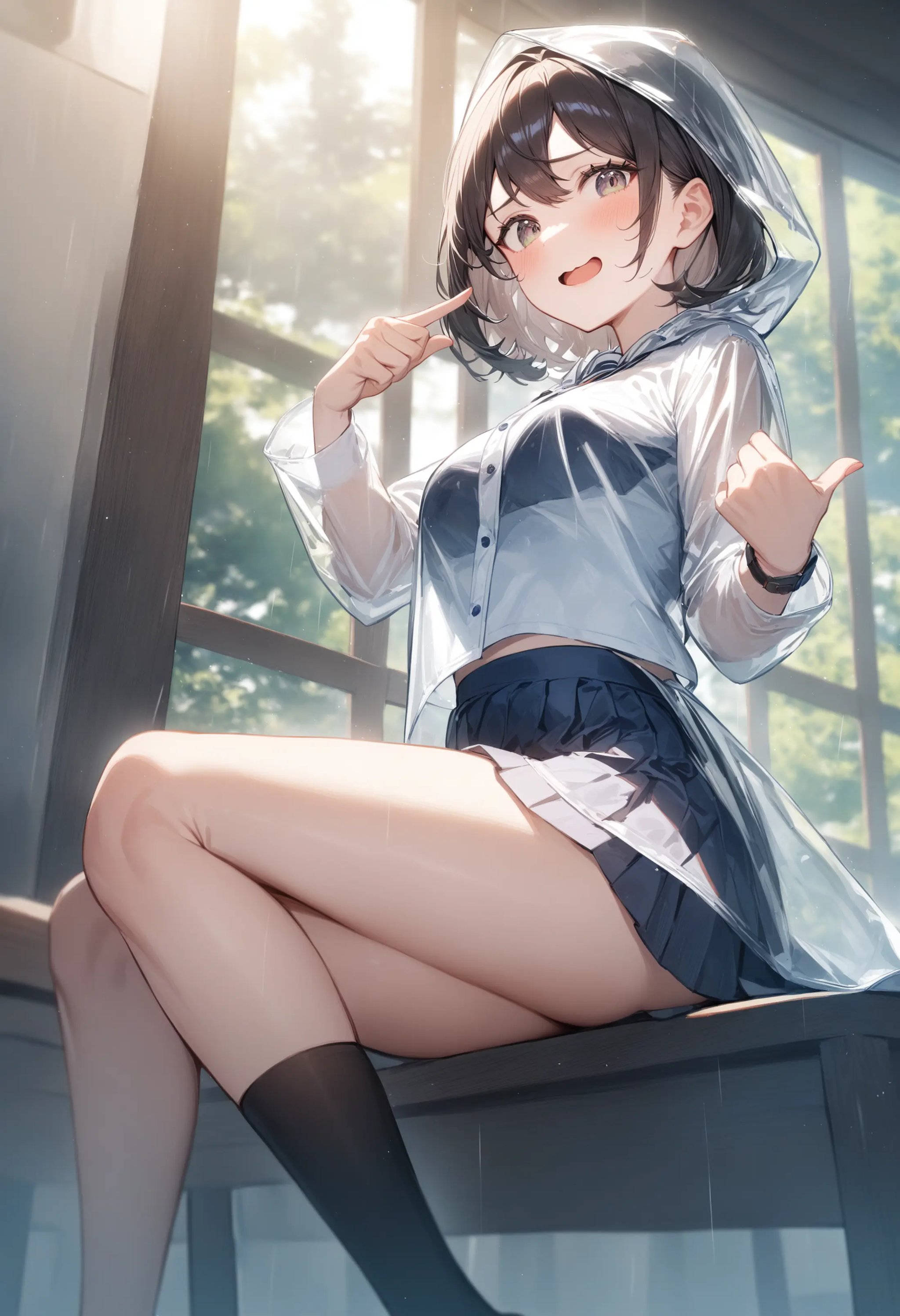 1girl, <lora:sdxl2-flat2-512b:-1>,medium breasts,school uniform,transparent raincoat,<lora:transparentraincoat_XL_v1:0.7>from side, feet out of frame, looking to the side, fingersmile, in chapel, open mouth,masterpiece, best quality, very aesthetic, absurdres