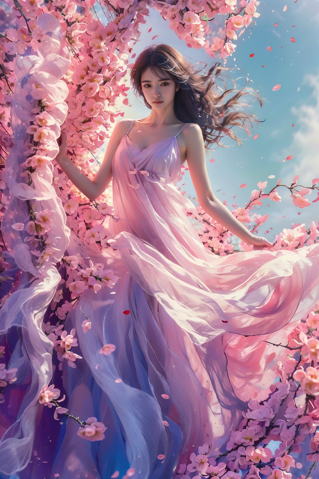 sdmai, fengwu, 1girl, solo, dress, long hair, brown hair, cherry blossoms, flower, petals, brown eyes, sky, white dress, realistic, pink dress