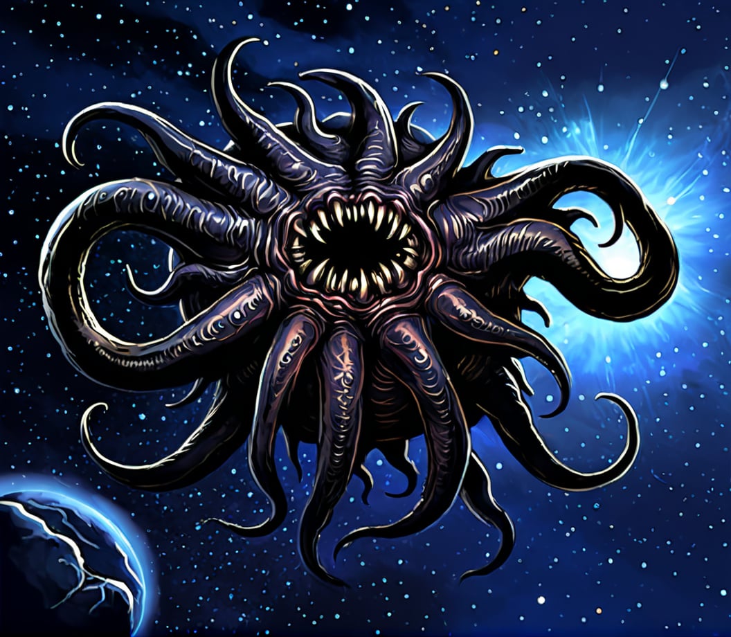 azathoth,cosmic horror,monstrous entity,lovecraftian,surreal,space background,stars,nebulae,dark palette,intricate texture,fantasy art,digital painting,tentacles,glowing eyes,asteroid belt,cosmic dread,horror-themed,alien creature,science fiction,high detail,sharp focus,central composition,menacing posture.,cthulhu horror,no humans,star \(sky\),monster,space,sky,teeth,open mouth,starry sky,sharp teeth,alien,eldritch abomination,horns,fangs,extra eyes,night,Cthulhu Terror,The Cthulhu Mythos,old gods,<lora:kesulu-10:0.6>,