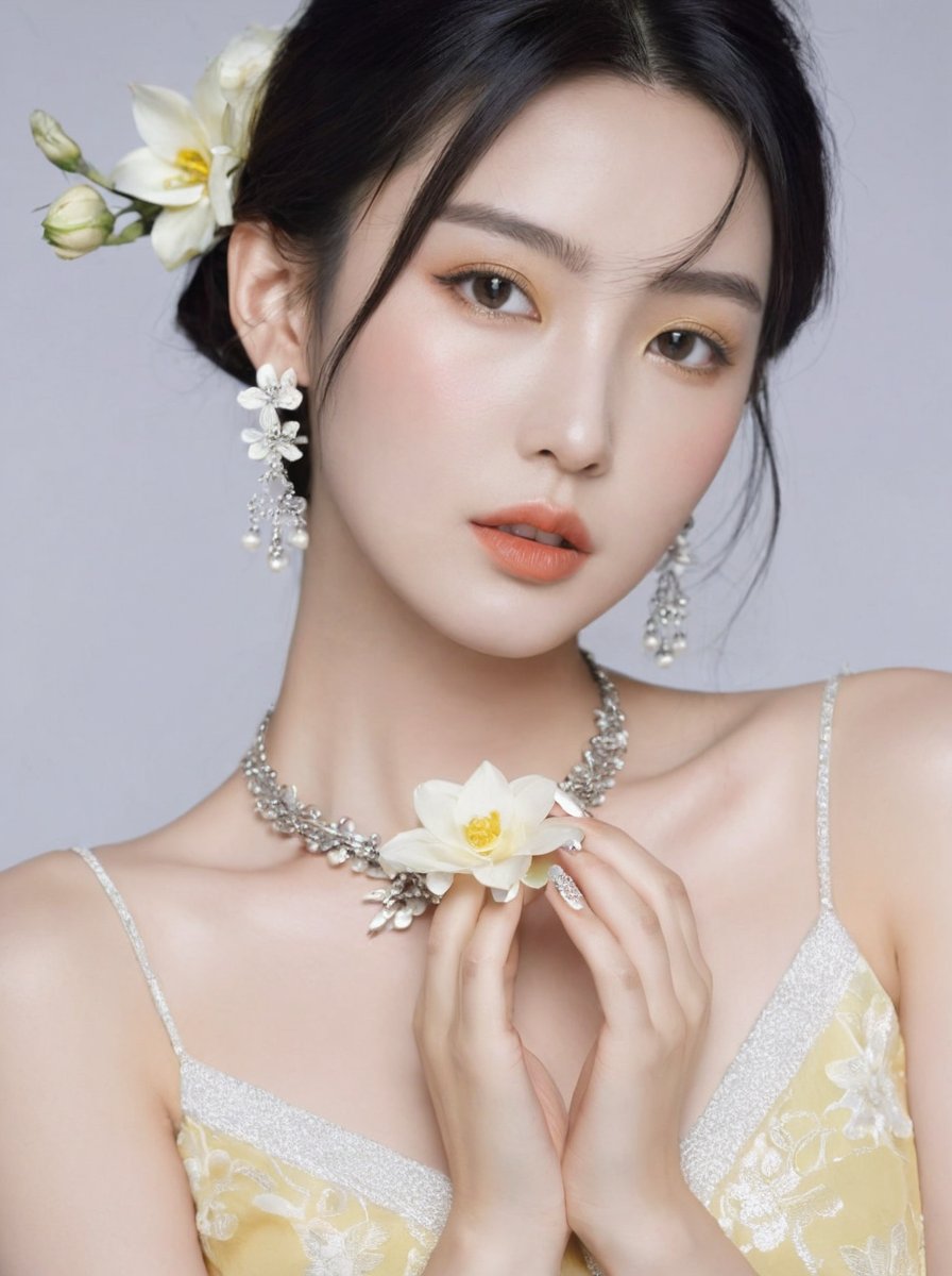 The image portrays a woman with her eyes closed, holding a white flower close to her face. She possesses short black hair and wears a light yellow dress with intricate patterns. Around her neck is a delicate silver necklace, and she has on matching silver earrings. Her nails are painted with a design that complements the overall aesthetic of the image.