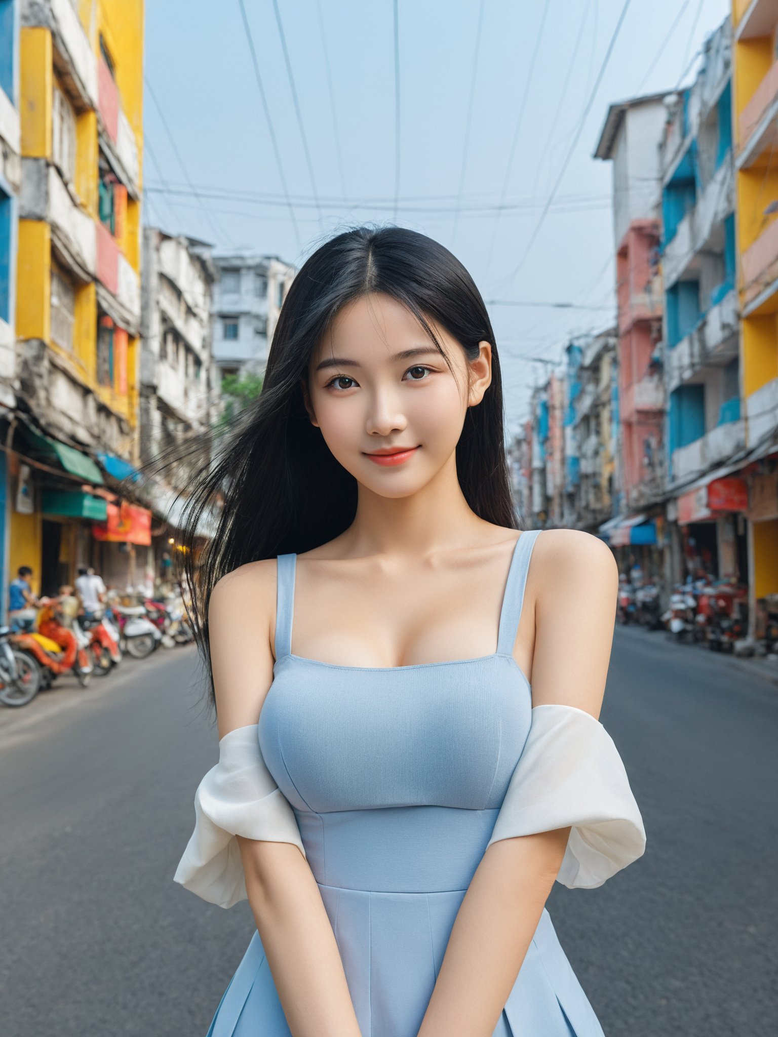 masterpiece, best quality, realistic, photo, real, incredibly_absurdres, Ultra HD,Affectionately looking at you,8K,UHD,in the city street,simple background, upper body, arms behind head,arms behind back , bust photo,The 18-year-old vietnamese girl, full body ,She has black hair. The lines of her face are soft and smooth. Her skin is as fair as snow, soft and delicate, and her eyes are bright and bright, deep and mysterious, making people feel endless charm and appeal. The eyebrows are slender and graceful, the nose is straight and noble, the lips are rosy and seductive, and the slightly raised angle reveals confidence and elegance. Her facial features are delicate and three-dimensional, with well-defined contours, like a fine painting or a finely carved work of art. The overall feeling is gentle, elegant, noble and full of charm.masterpiece, best quality, realistic, photo, real, absurdres, incredibly_absurdres, huge_filesize, bust, girl, kawaii, adorable girl, bishoujo, ojousama, idol, student, long hair, black hair, beautiful detailed eyes, looking at viewer, seductive smile, black eyes, large breasts, arms behind back ,