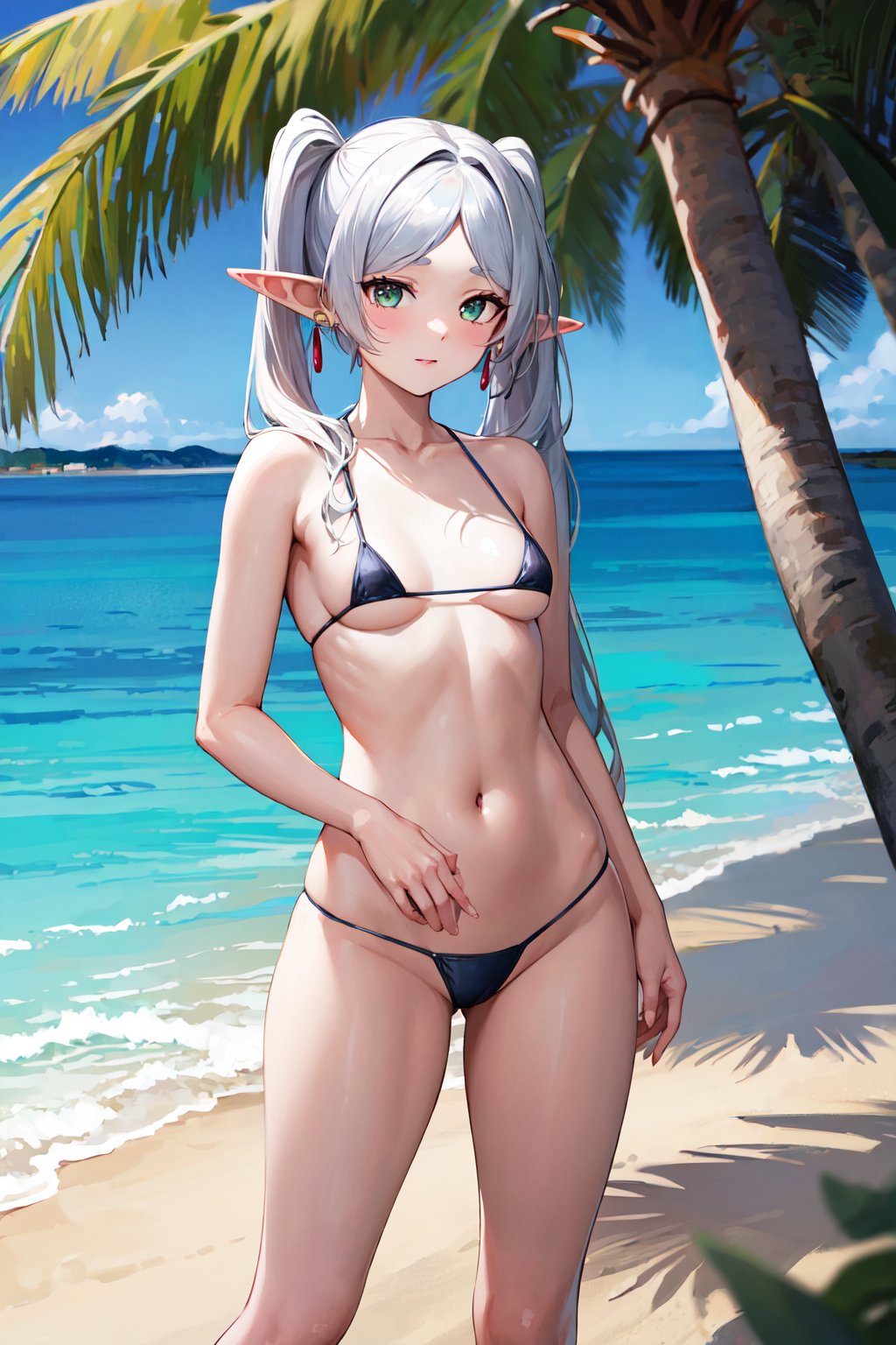 masterpiece, best quality, highres, aafrie, long hair, white hair, twintails, pointy ears, earrings, thick eyebrows, <lora:frieren_v1:0.7>, beach, micro bikini, standing, small breasts, 