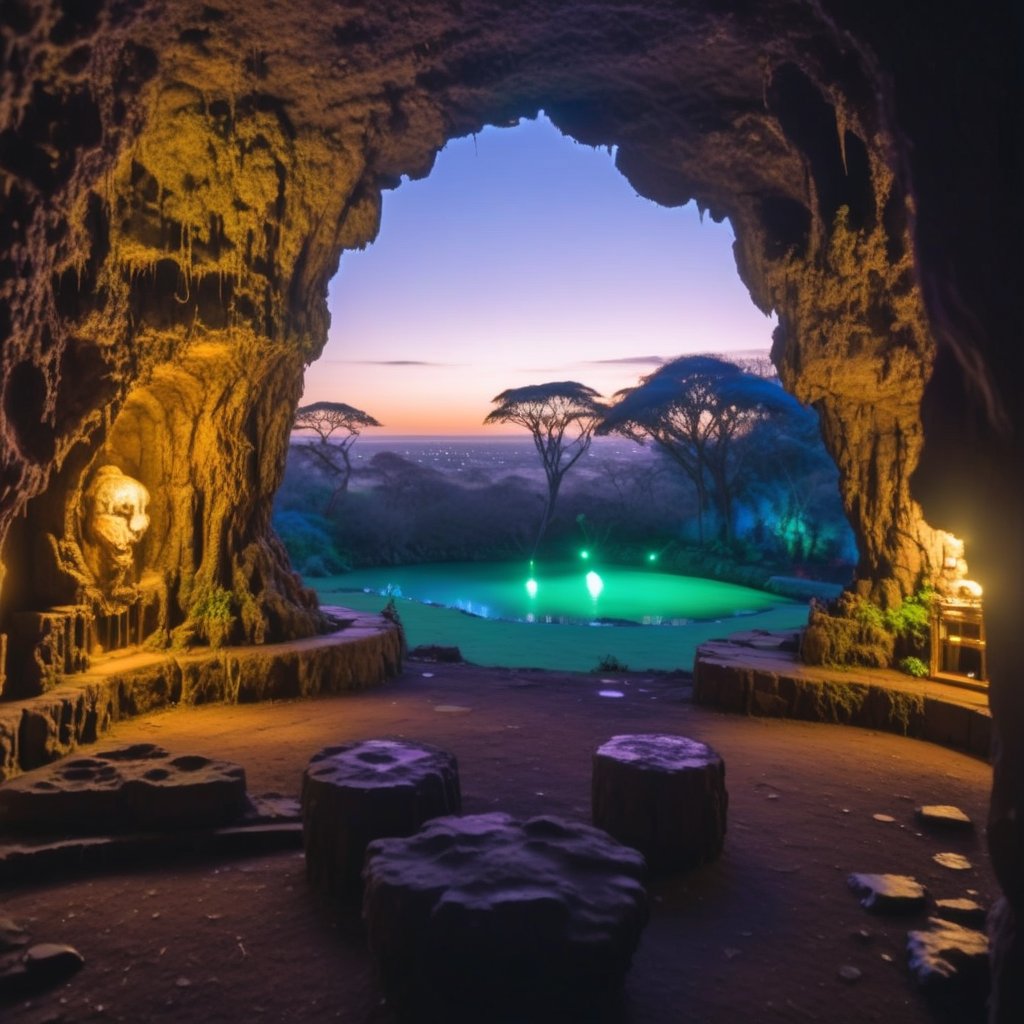 photograph, landscape of a Mythical Grotto from inside of a Harare, at Twilight, Depressing, Cloudpunk, Cold Lighting, dynamic, Nikon d850, Depth of field 270mm, Amaro, Golden ratio