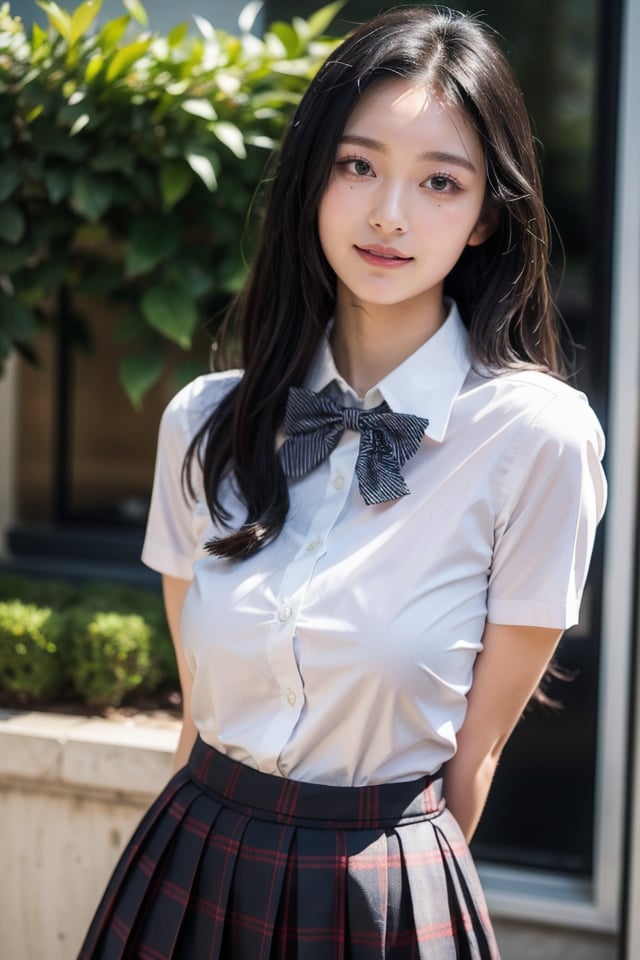 1girl,solo,long hair,realistic,skirt,black hair,school uniform,bow,shirt,looking at viewer,brown eyes,bowtie,arms behind back,white shirt,plaid,lips,smile,best quality,masterpiece,illustration,Amazing,finely detail,masterpiece,official art,incredibly absurdres,huge filesize,ultra-detailed,highres,extremely detailed,realistic,,<lora:Kirihara Mizuki_20240514185959:0.8>