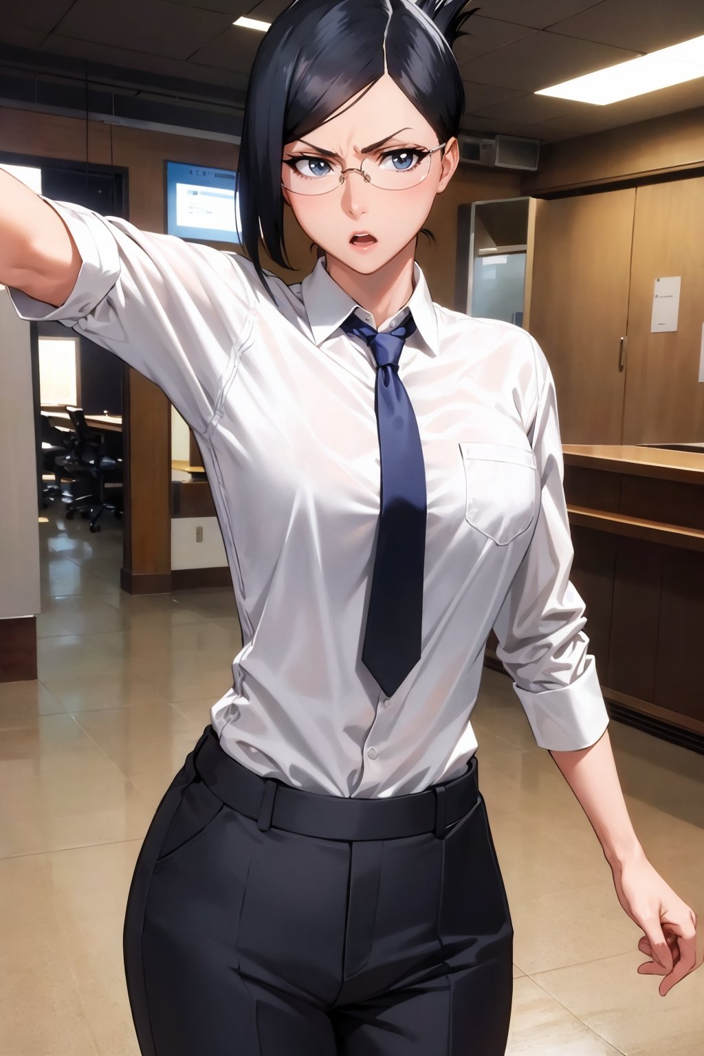 masterpiece, best quality, <lora:isenanao-nvwls-v1-000009:0.9> ise nanao, folded ponytail, glasses, dress shirt, necktie, grey pants, standing, cowboy shot, office, looking at viewer, furrowed brow, yelling