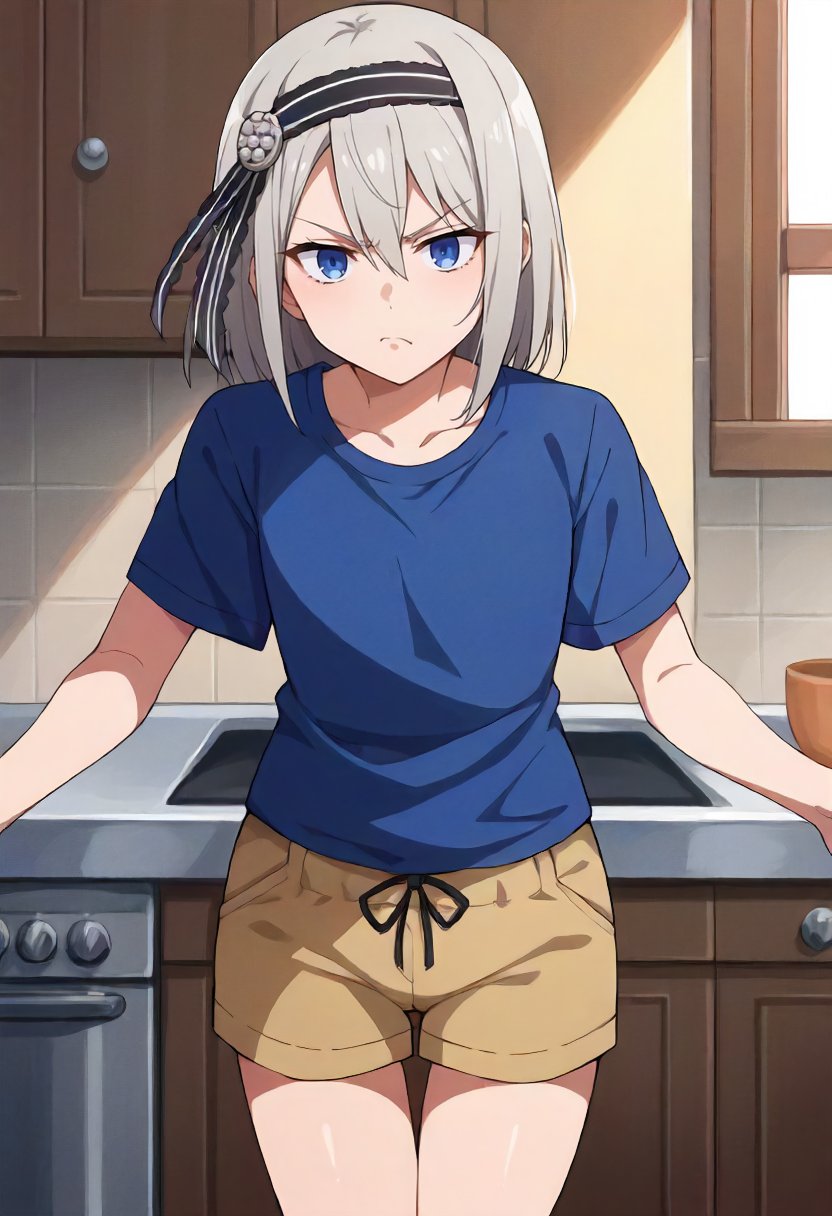 score_9, score_6_up, source_anime, 1girl, solo, kitchen, cowboy shot, shirogane kei, blue eyes, grey hair, black hairband, blue t-shirt, shorts, flat chest, (angry:0.6), arms down <lora:love_is_war_sdxl_pony:0.8>