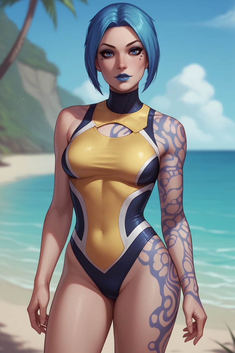 score_9, score_8_up, score_7_up, BREAK , 1girl, solo, looking at viewer, breasts, <lora:mayabl2-guy-v1PONYXL:.9>, mayabl2, tattoo, makeup, blue lips, one-piece swimsuit, outdoors, beach,