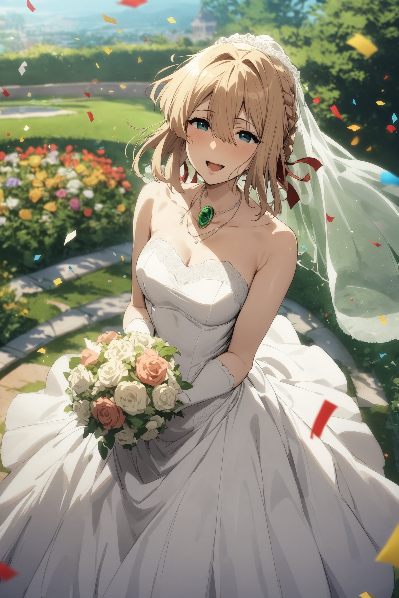 masterpiece, best quality, very aesthetic, absurdres, aave, braid, hair ribbon, red ribbon, <lora:violet_evergarden_XL_v1(anima):0.9>, bridal veil, wedding dress, white dress, necklace, brooch, strapless, white gloves, holding bouquet, smile, open mouth, confetti, garden,