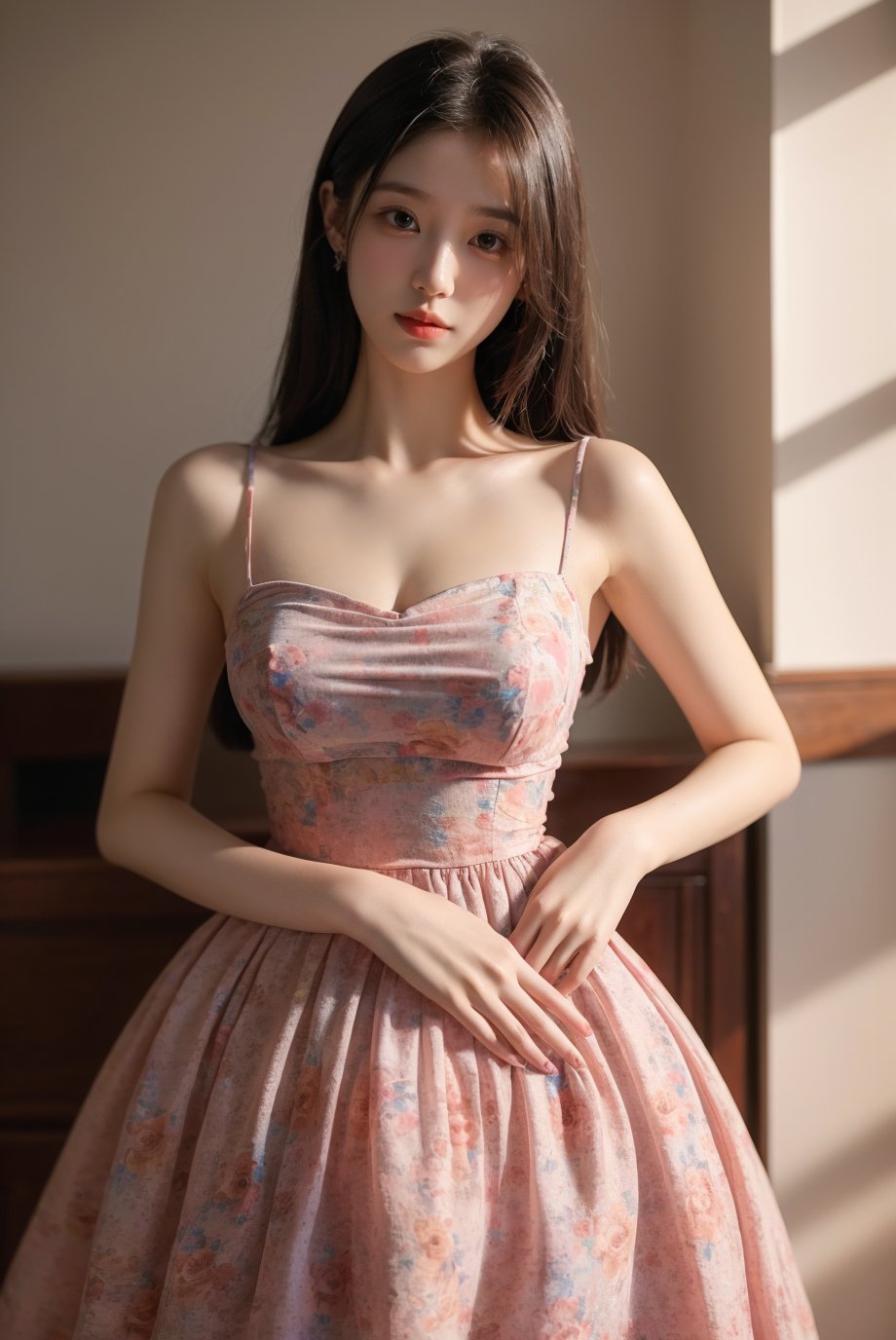 (masterpiece),best quality,highest quality,extremely detailed CG unity 8k wallpaper,original,highres,realistic:1.3,,1girl,dress,floral_dress, <lora:YG碎花裙:0.75>,