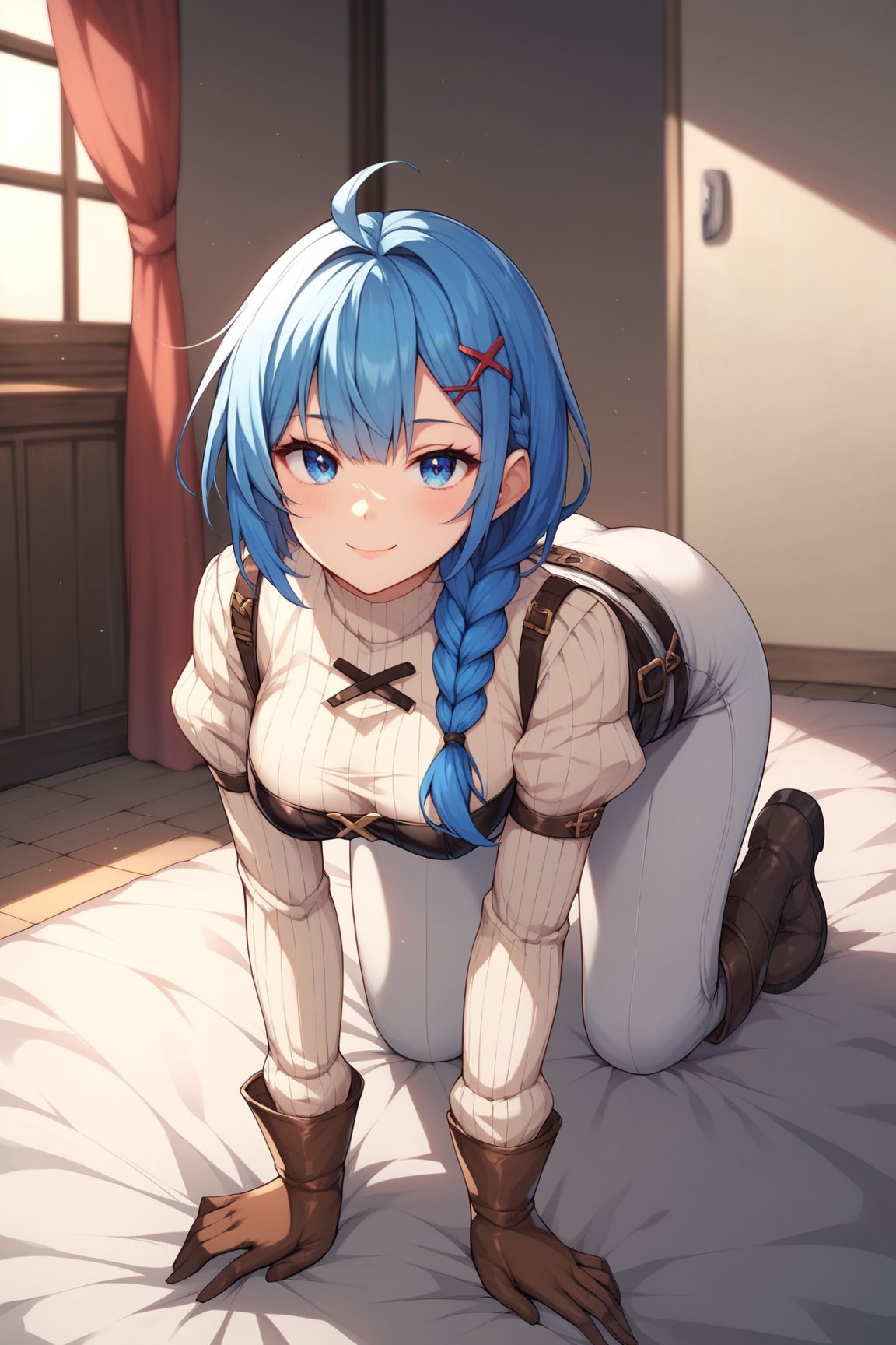 score_9, score_8_up, score_7_up, score_6_up, score_5_up, score_4_up, ChloeGSXL, blue eyes, blue hair, short hair, red hairclip, x hair ornament, long braid, single braid, ahoge, medium breasts, black corset, white ribbed sweater, long sleeves, puffy sleeves, brown gloves, belt, white pants, brown knee boots, solo, all fours, seductive smile, looking at viewer, indoors <lora:ChloeGSXL:0.8>