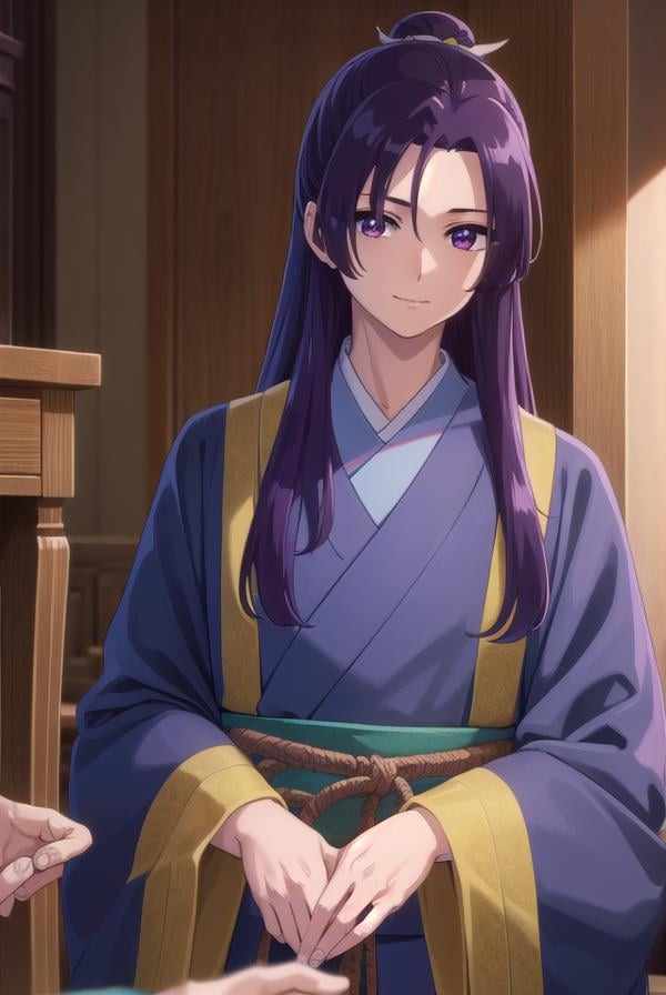 jinshi, <lora:jinshi s1-lora-nochekaiser:1>,jinshi, long hair, (purple eyes:1.1), purple hair, male focus, hair bun, (parted bangs:1.5), smile,BREAK long sleeves, wide sleeves, chinese clothes, robe, hanfu,BREAK indoors,BREAK looking at viewer, (cowboy shot:1.5),BREAK <lyco:GoodHands-beta2:1>, (masterpiece:1.2), best quality, high resolution, unity 8k wallpaper, (illustration:0.8), (beautiful detailed eyes:1.6), extremely detailed face, perfect lighting, extremely detailed CG, (perfect hands, perfect anatomy),