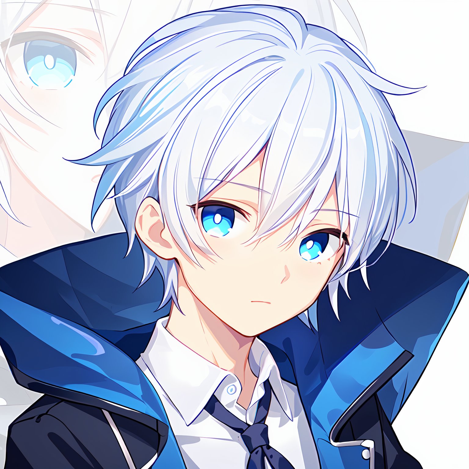 <lora:QuAn:0.5>,close-up,face focus,1boy,solo,blue eyes,white hair,blue inner hair,portrait,shirt,ribbon,simple background,