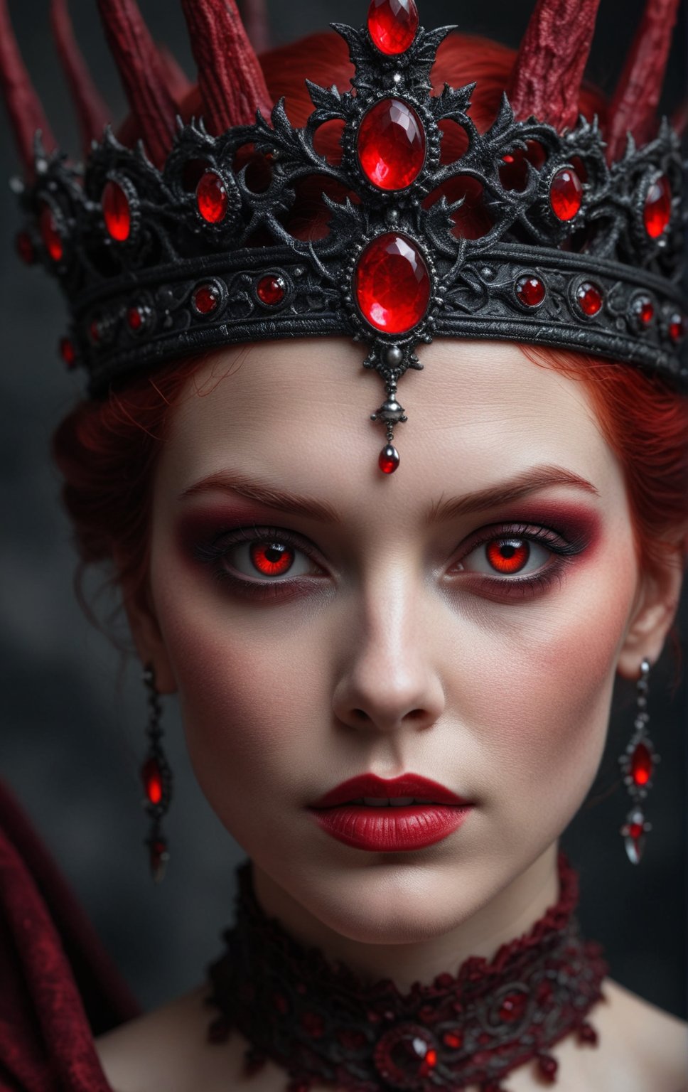 "Produce a spellbinding portrait of Lilith, the Queen of Hell, where her eyes burn with a captivating red hue, and her crown is an embodiment of magnificence. Her expression should command respect and allure. The art style should blend elements of dark fantasy and gothic art, with rich details and a strong contrast. The camera shot is an extreme close-up, accentuating the mesmerizing quality of her red eyes and the intricate beauty of the amazing crown." ,Extremely Realistic,more detail XL <lora:InfiniteReality_SDXL_fp16:1>