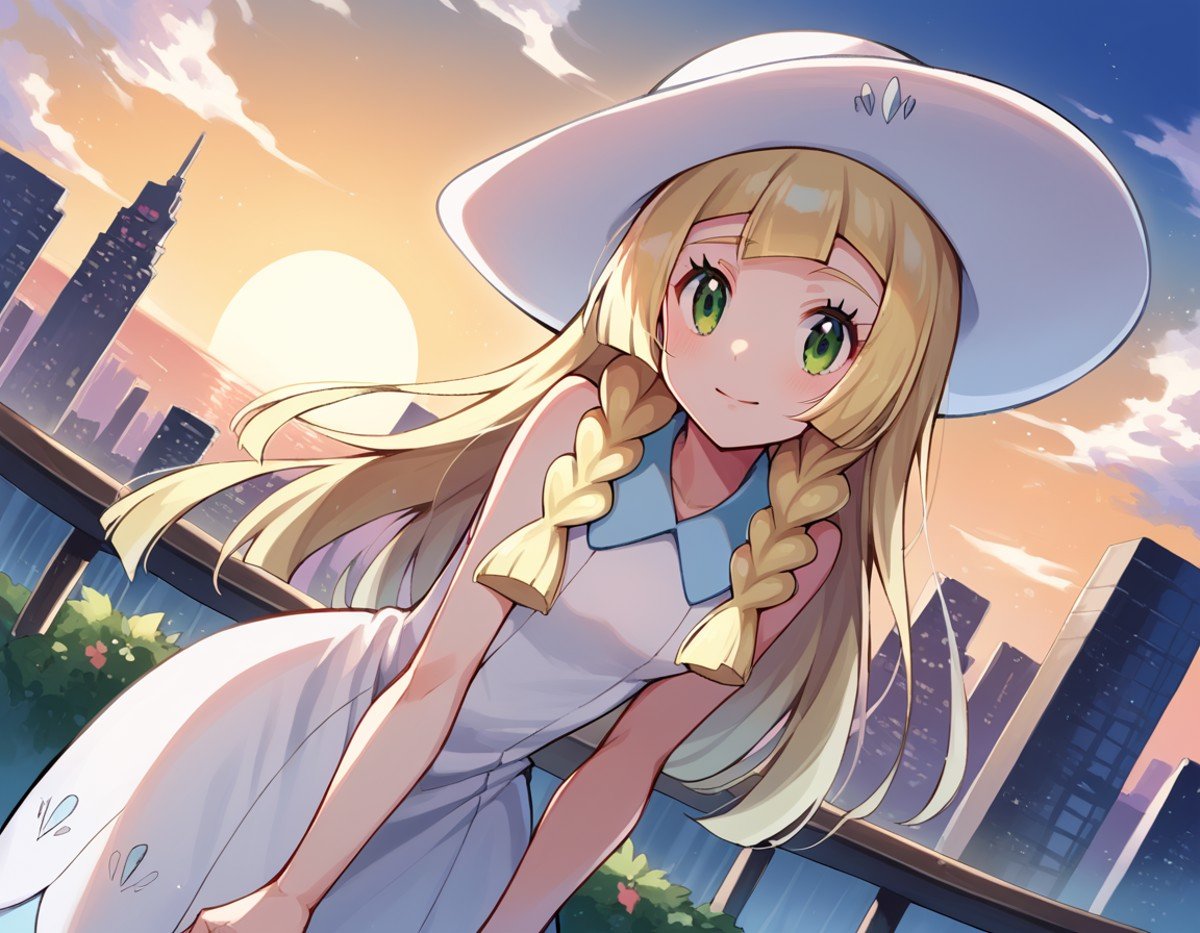 score_9, score_8_up, score_7_up, source_anime,pokemonlilie, <lora:pokemon-lilie-ponyxl-lora-nochekaiser:1>pokemonlilie, blonde hair, blunt bangs, green eyes, long hair,braid, collared dress, dress, hat, sleeveless, sleeveless dress, sun hat, sundress, twin braids, white dress, white headwear,outdoors, cityscape, bent over,looking at viewer, cowboy shot, dutch angle,