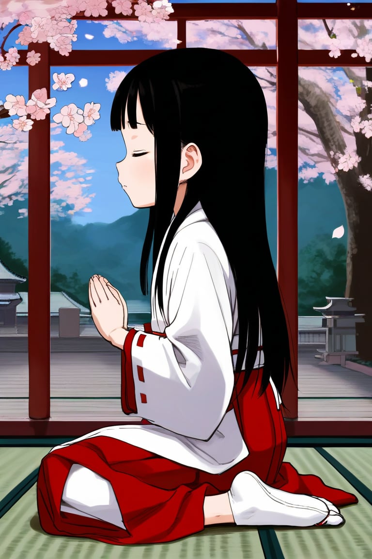 score_9, score_8_up, score_7_up, rating_safe BREAK1girl, blunt bangs, forehead, extremely long hair, shiny black hair, closed eyes, flat chest, (praying), miko, red skirt, japanese clothes, tabi, on floor, (seiza), from side, full body, wide shot, shrine, cherry blossoms