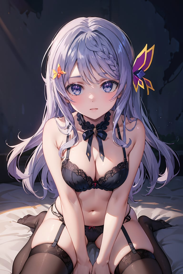 masterpiece, best quality, ultra-detailed, glistening shiny, glowing light, ray tracing, HDR, deph of field, (perfect face, detailed face),  <lora:FloraBeltrum:0.9>, florabeltrum, long hair, crown braid, butterfly hair ornament, lingerie, black bra, black panties, garter straps, black thighhighs, hands between legs, kneeling