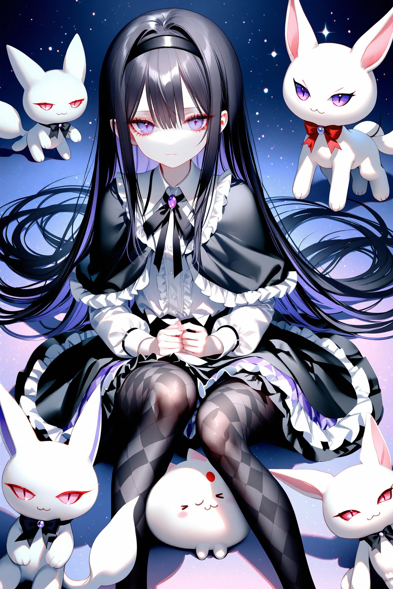 (masterpiece),(best quality),illustration,ultra detailed,hdr,Depth of field,(colorful),[pottsness],[iumu],[Sheya],1girl, akemi homura, sitting, long hair, pantyhose, black hair, purple eyes, hairband, kyubey, long sleeves, skirt, looking at viewer, argyle legwear, bangs, capelet, black pantyhose, frills, closed mouth, feet out of frame, black hairband, frilled skirt, ribbon, magical girl, :3, shirt, argyle, creature, knees together feet apart, neck ribbon, expressionless, on lap, white shirt, solo