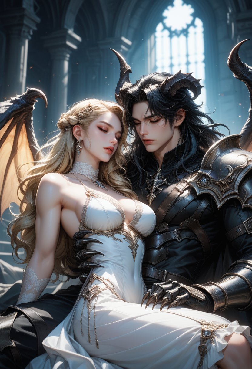 score_9, score_8_up, score_7_up, anime style, 1girl, 1boy, dark fantasy, powerful male demon with long black hair, muscular physique, wearing black spiked armor, sharp claws, wings in the background, beautiful blonde woman resting against him, flowing white dress, delicate and ethereal, gothic romance, dark and moody atmosphere, soft lighting, intricate armor details, demon's piercing gaze, dramatic composition, intimate moment, subtle tension, soft curls of the woman's hair, high contrast, fantasy setting, castle ruins, enchanted moonlit night