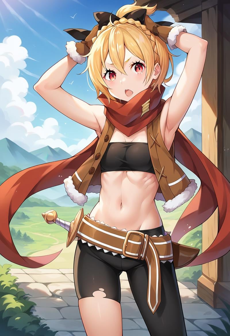 score_9, score_8_up, score_7_up, source_anime, masterpiece, 1girl, feltzero, bandeau, single leg leggings, uneven legwear, brown vest, fur-trimmed gloves, fur trim, red scarf, belt, looking at viewer, cowboy shot, outdoors, scenery, <lora:FeltPONYXLct:0.8>, dagger, armpits, open mouth, 