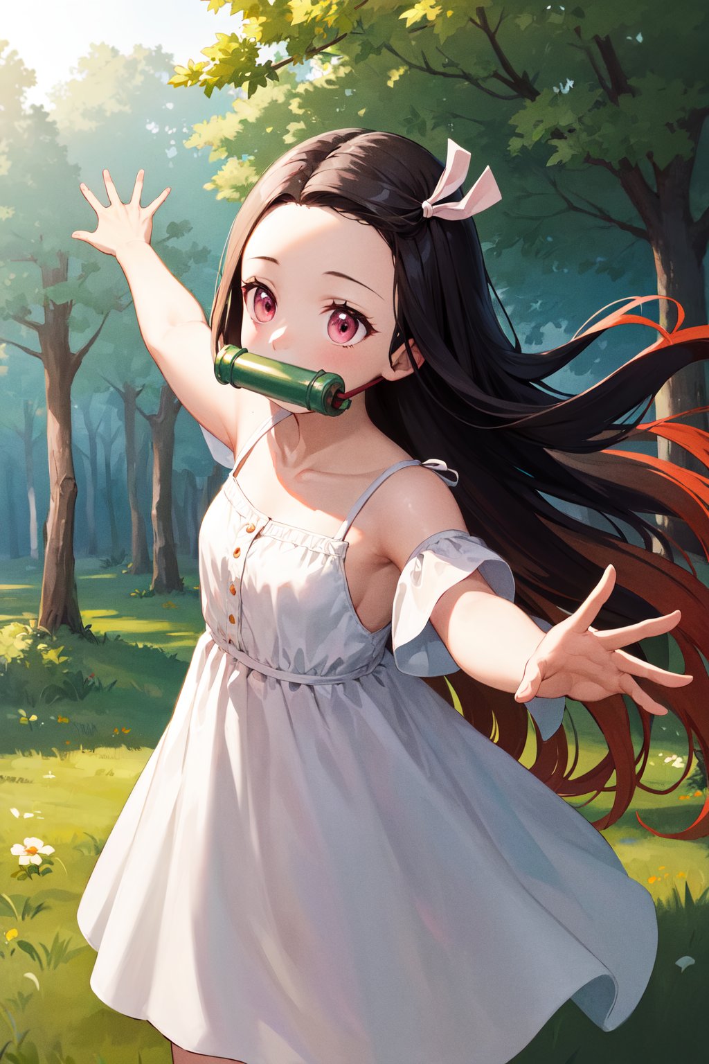 masterpiece, best quality, highres, aanezuko, long hair, multicolored hair, hair ribbon, bit gag, mouth hold, <lora:kamado_nezuko_v1:0.7>, sundress, white dress, forest, outstretched arms,