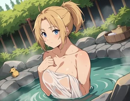 score_9, score_8_up, score_7_up, source_anime,zenithgreyrat, <lora:zenith-greyrat-s1-ponyxl-lora-nochekaiser:1>,zenith greyrat, short hair, blonde hair, blue eyes, ponytail, ahoge,nude, naked,outdoors, onsen, towel, naked towel, steam, bathing, nude cover, partially submerged, water, bath, steam censor, wet towel,looking at viewer, dutch angle, cowboy shot,