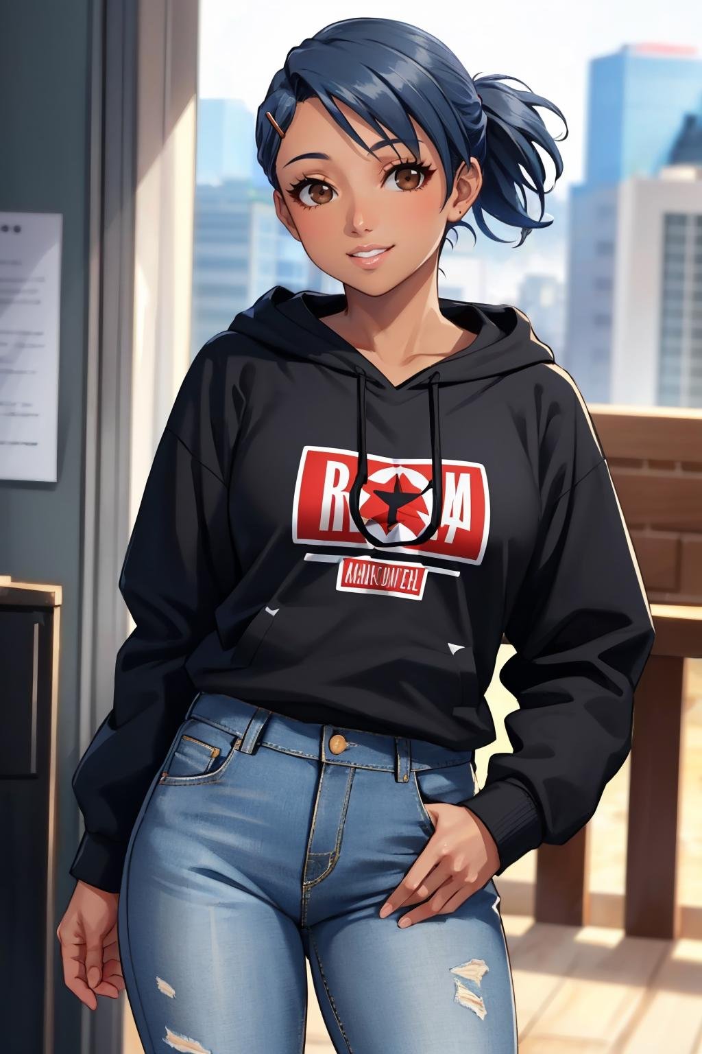 masterpiece, best quality, upper body, cowboy shot, smile <lora:zs_Yuko:1> yukop3, short hair, hairclip, dark skin, brown eyes, black hair, hoodie, jeans, tshirt